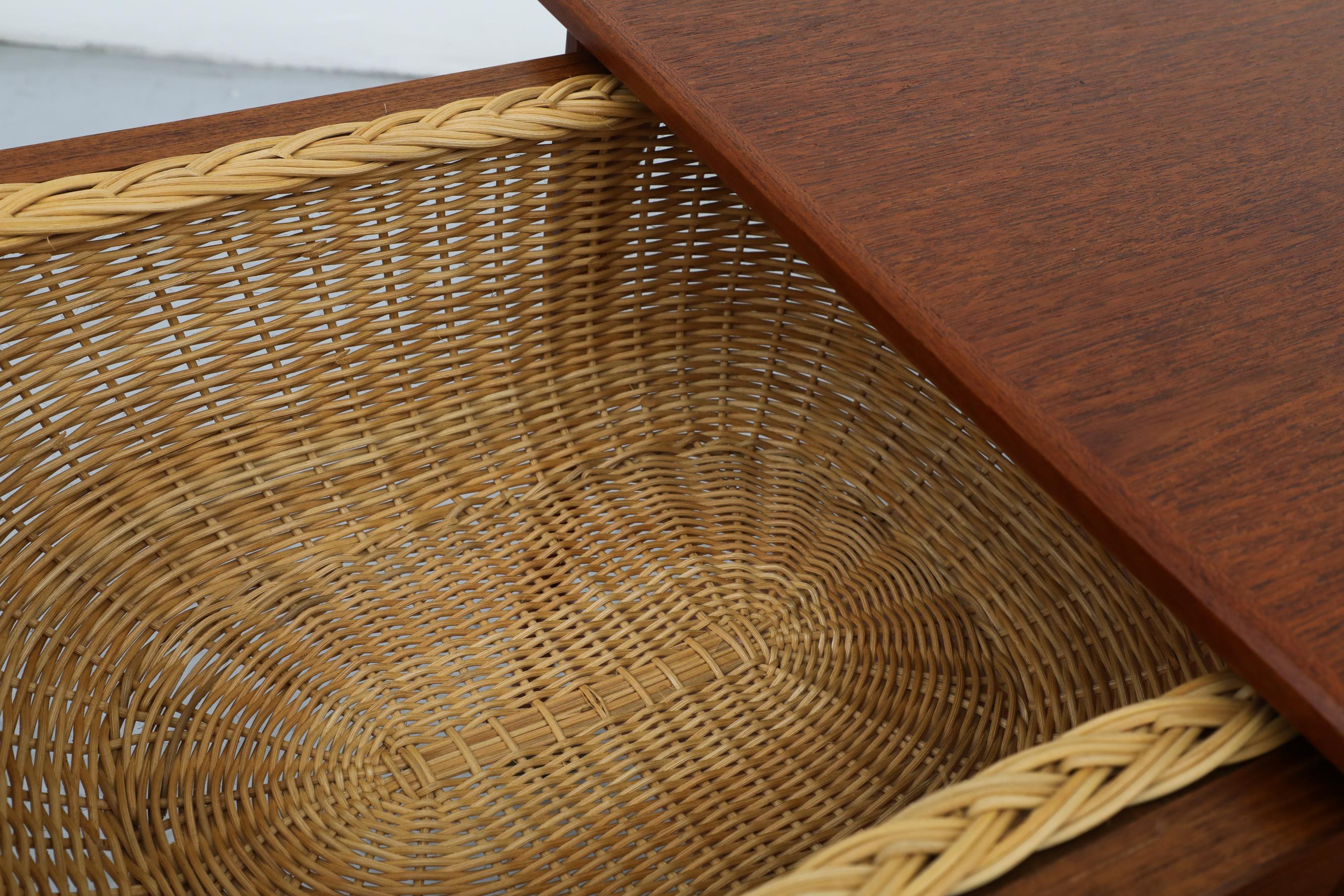 Rolling Danish Teak & Brass Sewing Table or Bar Cart with Slide Out Basket For Sale 4