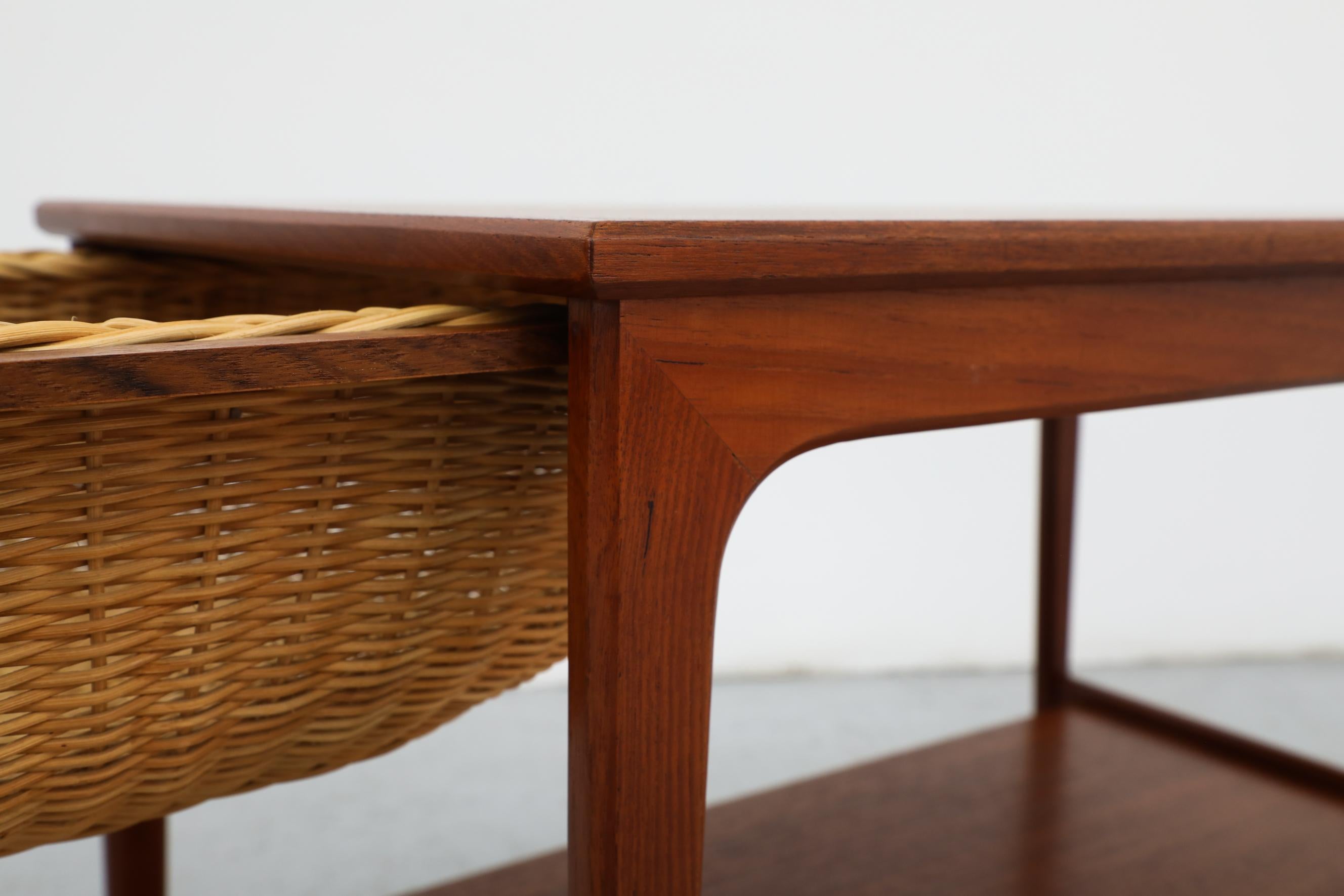 Rolling Danish Teak & Brass Sewing Table or Bar Cart with Slide Out Basket For Sale 5