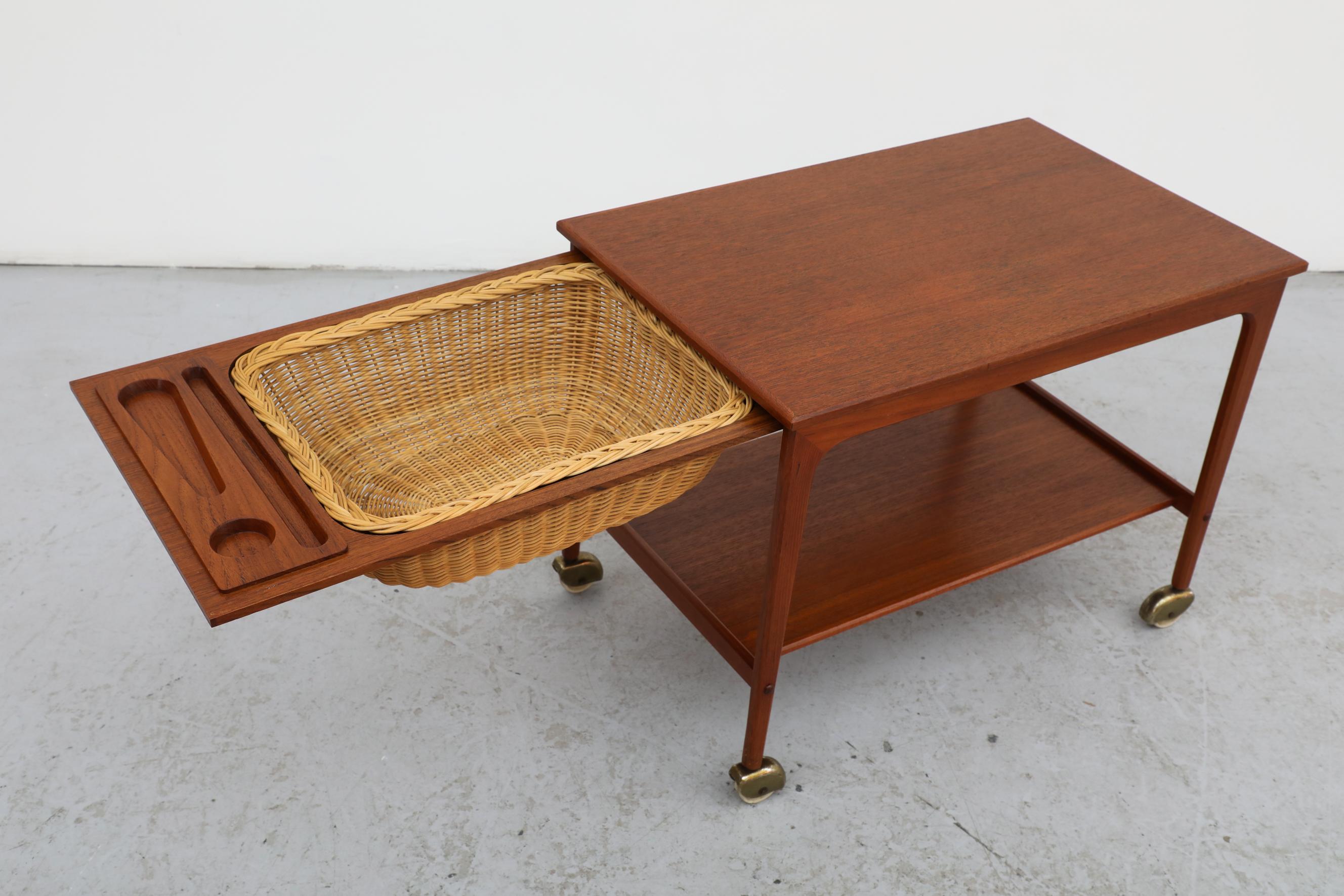 Rolling Danish Teak & Brass Sewing Table or Bar Cart with Slide Out Basket For Sale 8