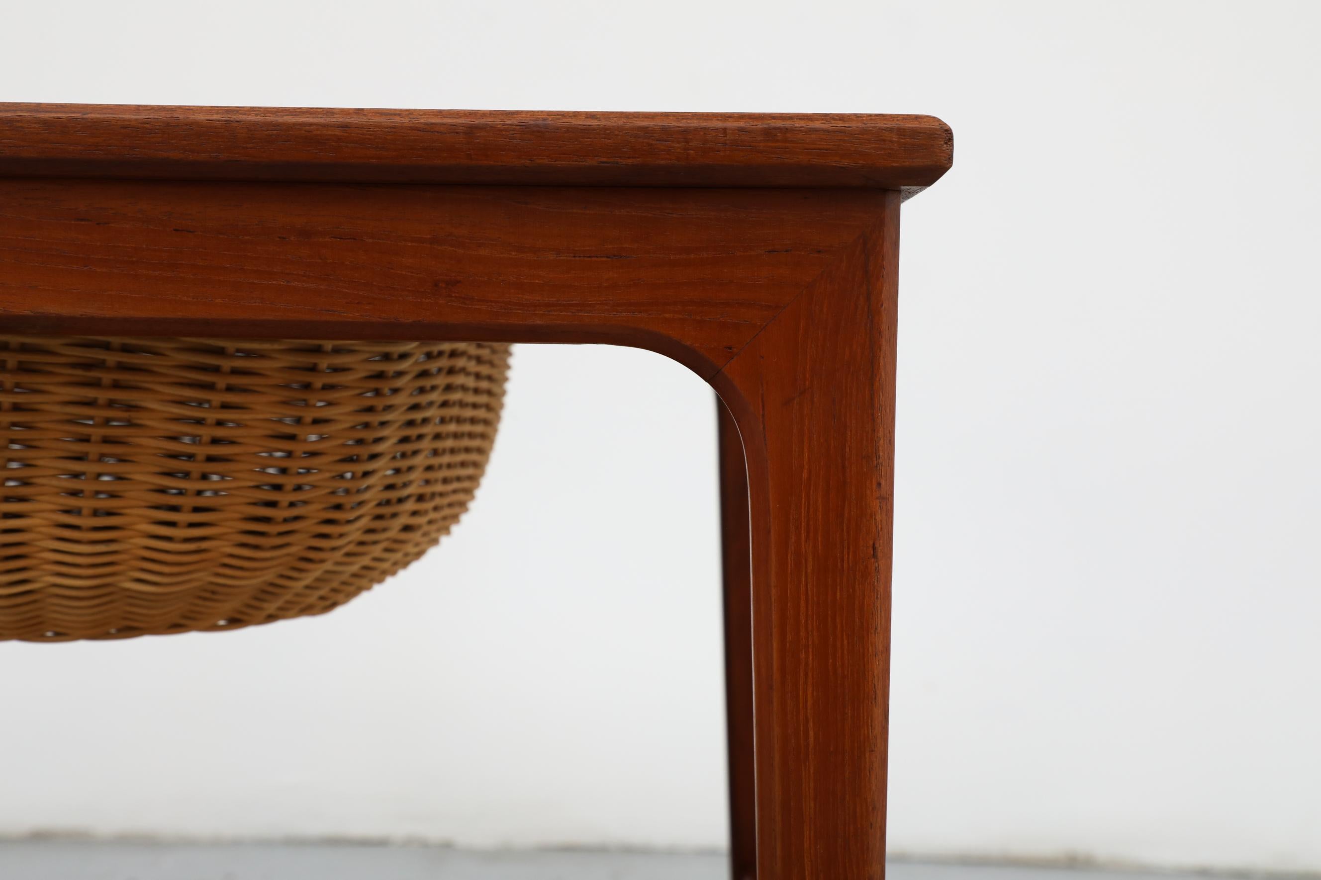 Rolling Danish Teak & Brass Sewing Table or Bar Cart with Slide Out Basket For Sale 9