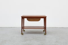 Rolling Danish Teak and Brass Sewing Table or Bar Cart with Slide Out Basket