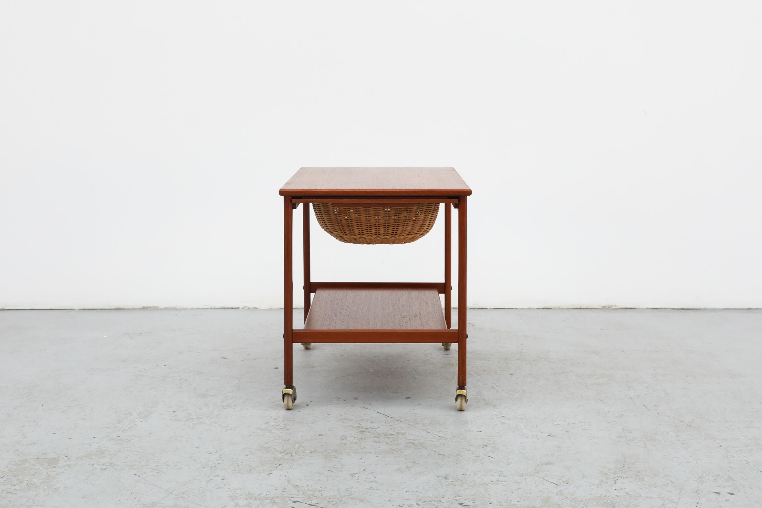 Mid-20th Century Rolling Danish Teak & Brass Sewing Table or Bar Cart with Slide Out Basket For Sale