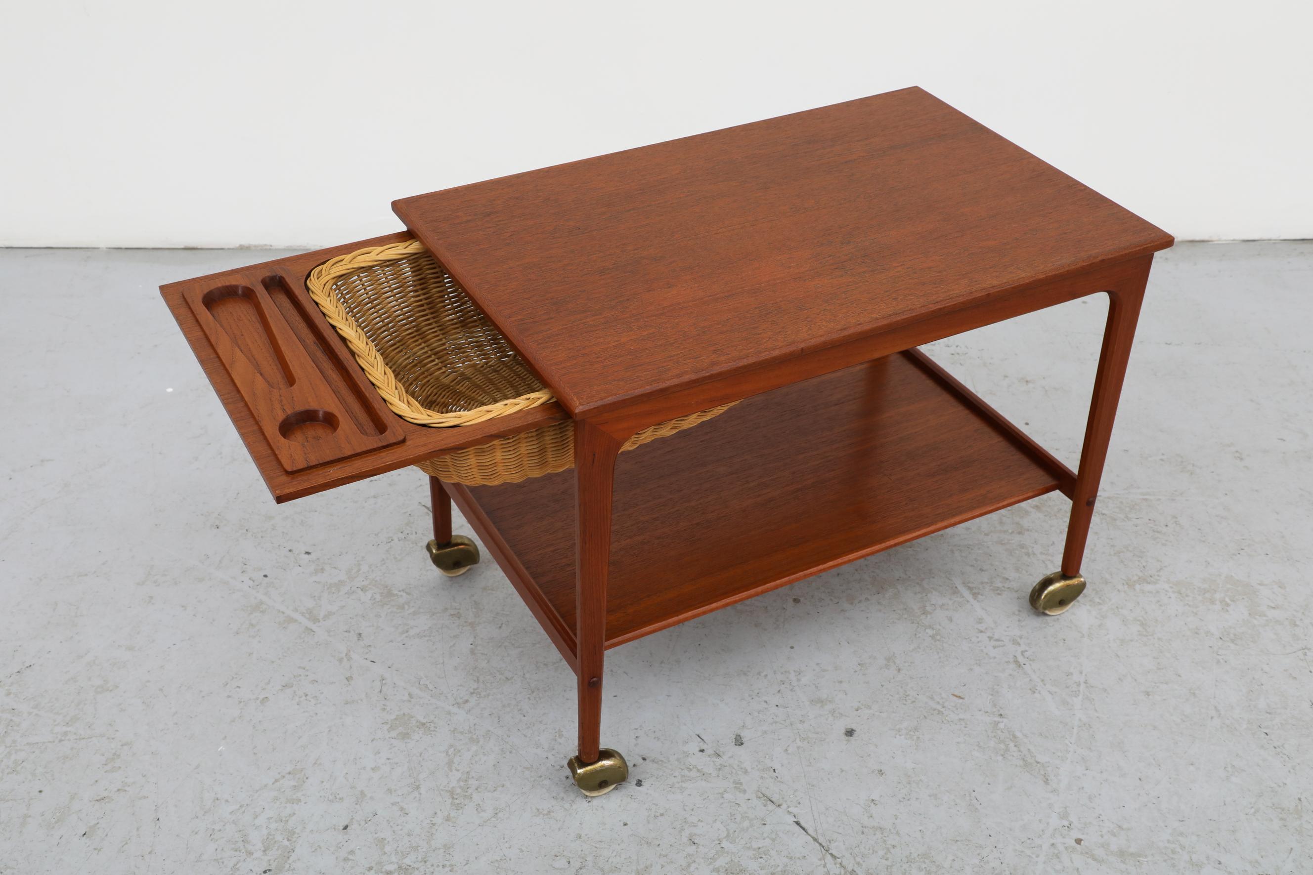 Rolling Danish Teak and Brass Sewing Table or Bar Cart with Slide Out Basket 2