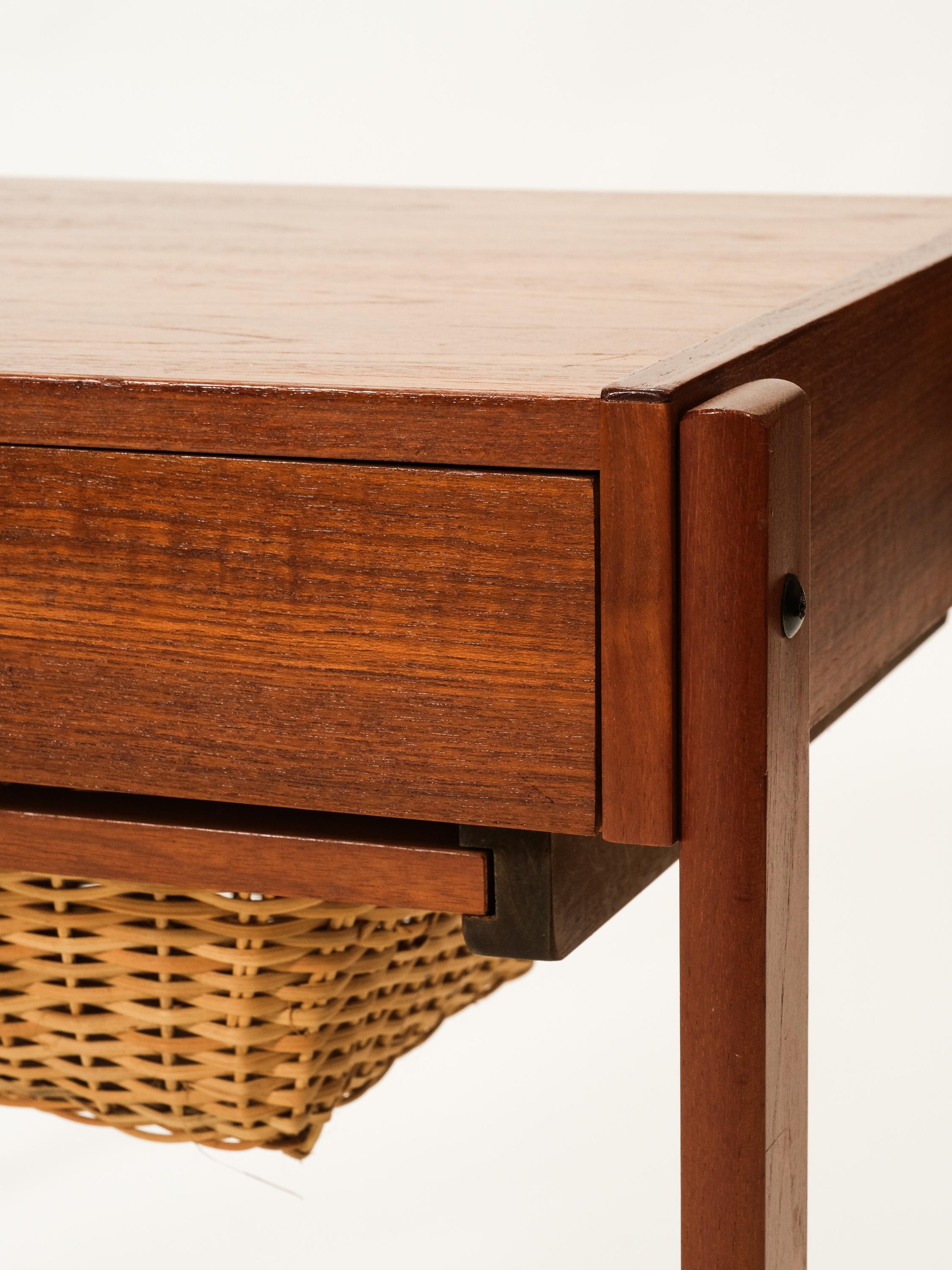 Mid-20th Century Rolling Danish Teak Sewing Table or Bar Cart with Slide Out Rattan Basket, 1960s For Sale