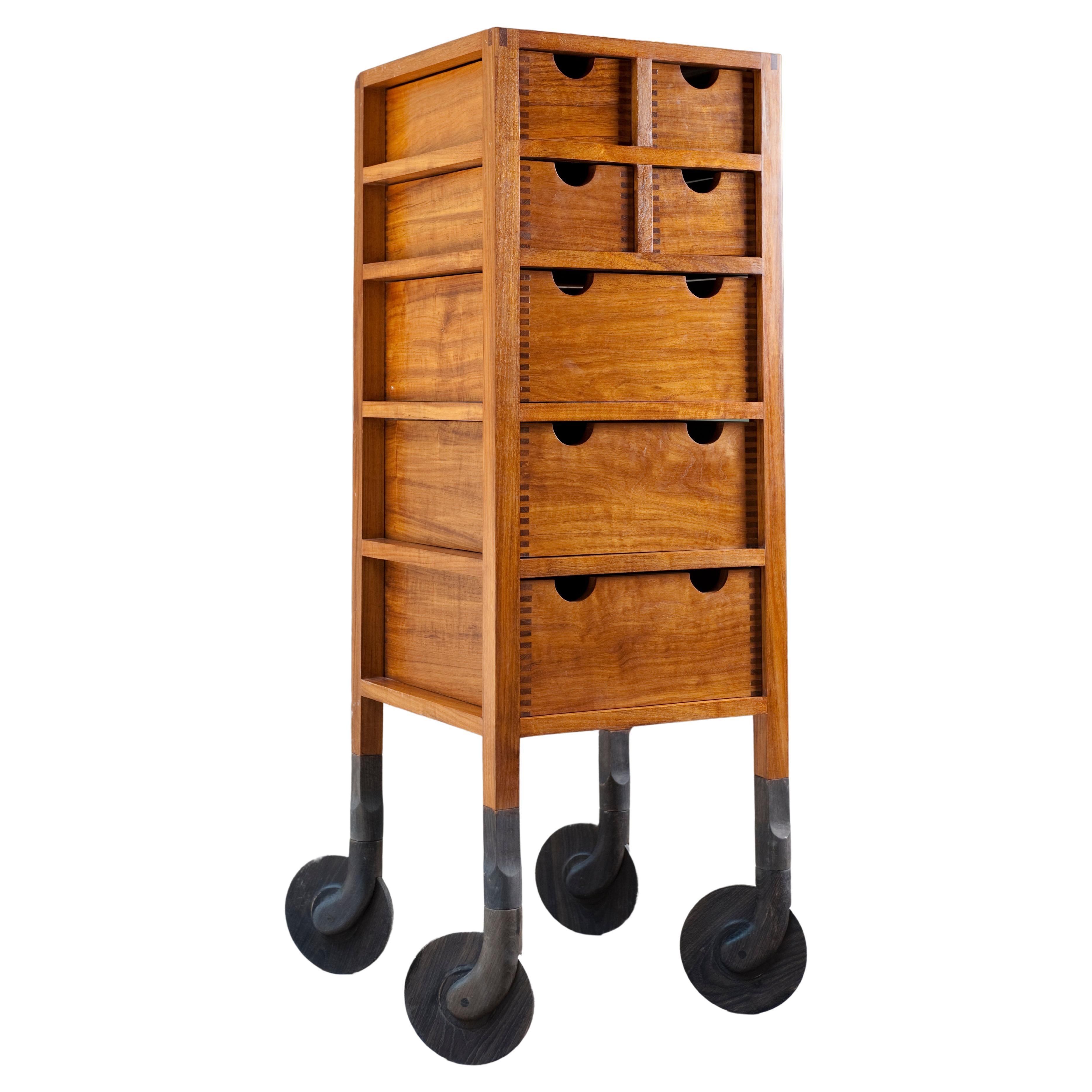 AKMD Rolling Dresser 'High, Dark Wood' all solid wood with wooden casters/wheels For Sale
