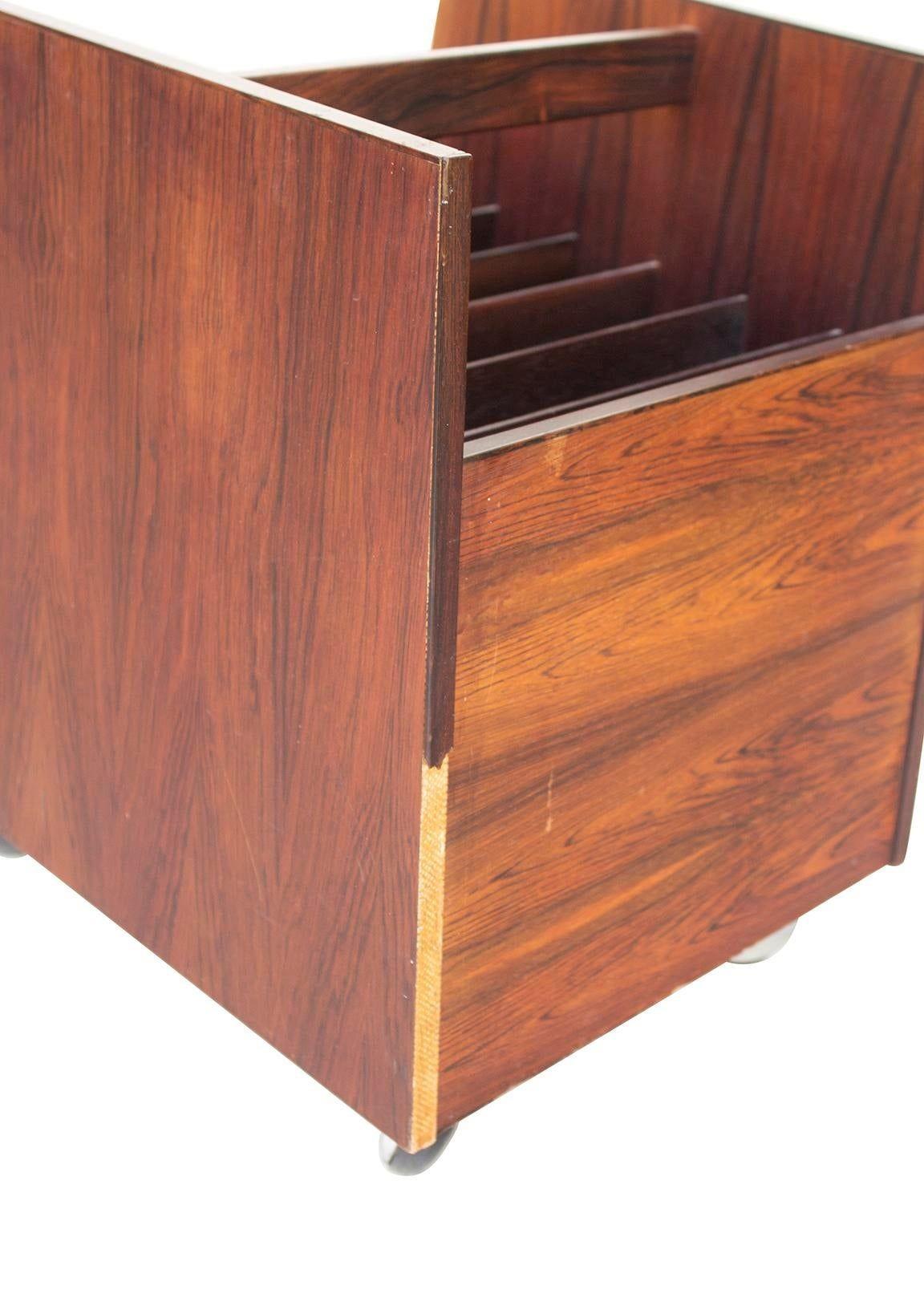 Rolling Lp Record or Magazine Caddy in Rosewood by Bruksbo For Sale 3