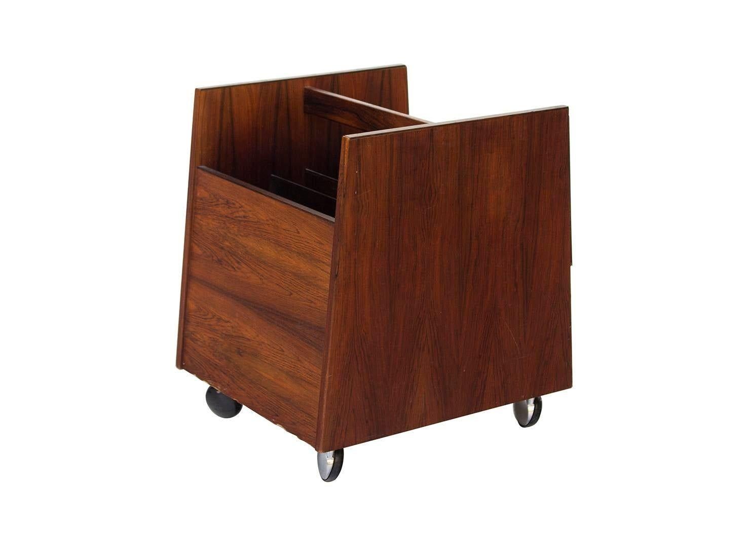 Rolling Lp Record or Magazine Caddy in Rosewood by Bruksbo For Sale 4