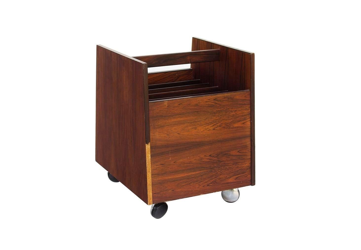 Scandinavian Modern Rolling Lp Record or Magazine Caddy in Rosewood by Bruksbo For Sale