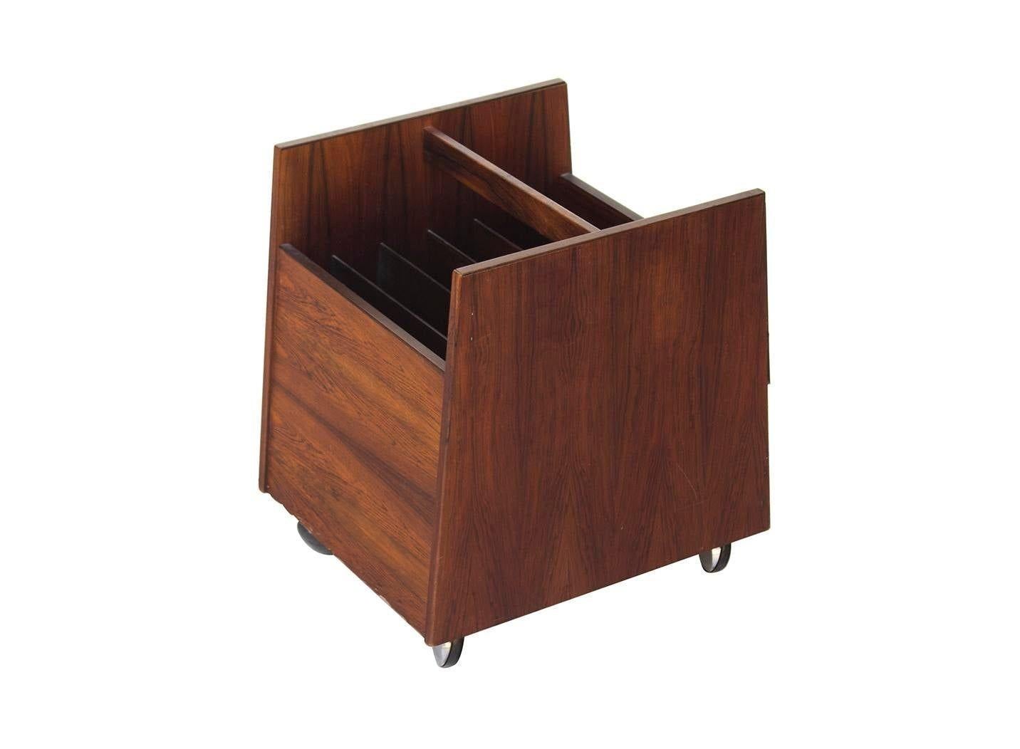 Norwegian Rolling Lp Record or Magazine Caddy in Rosewood by Bruksbo For Sale
