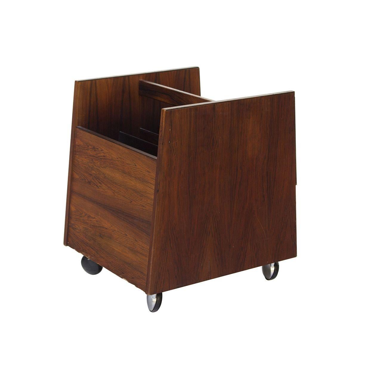 Rolling Lp Record or Magazine Caddy in Rosewood by Bruksbo In Fair Condition For Sale In Grand Rapids, MI