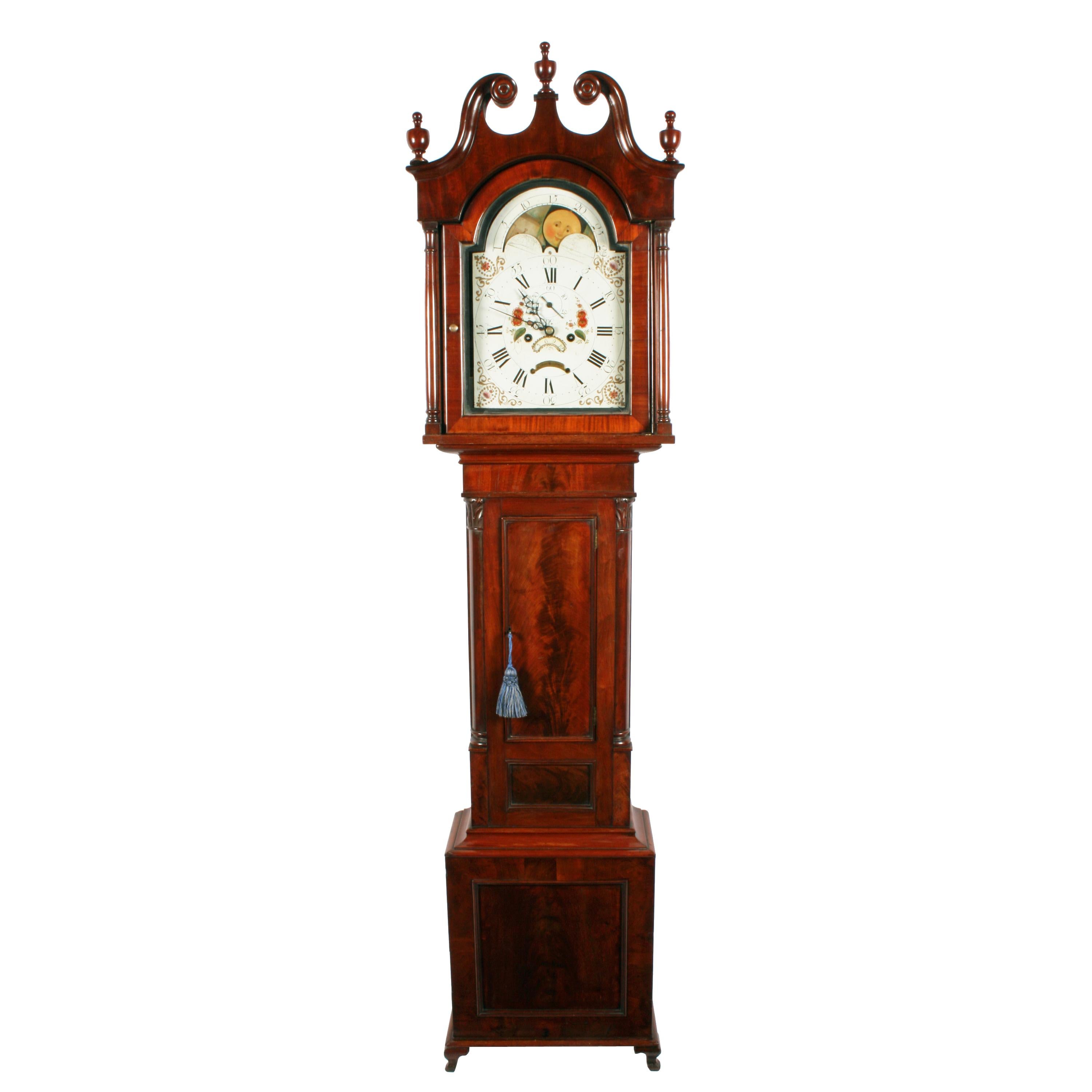 Rolling moon dial Grandfather clock.

A middle of the 19th century early Victorian mahogany cased Grandfather clock.

The clock has a painted rolling moon dial and eight day works that strike hourly on a bell.

The rolling moon at the top of