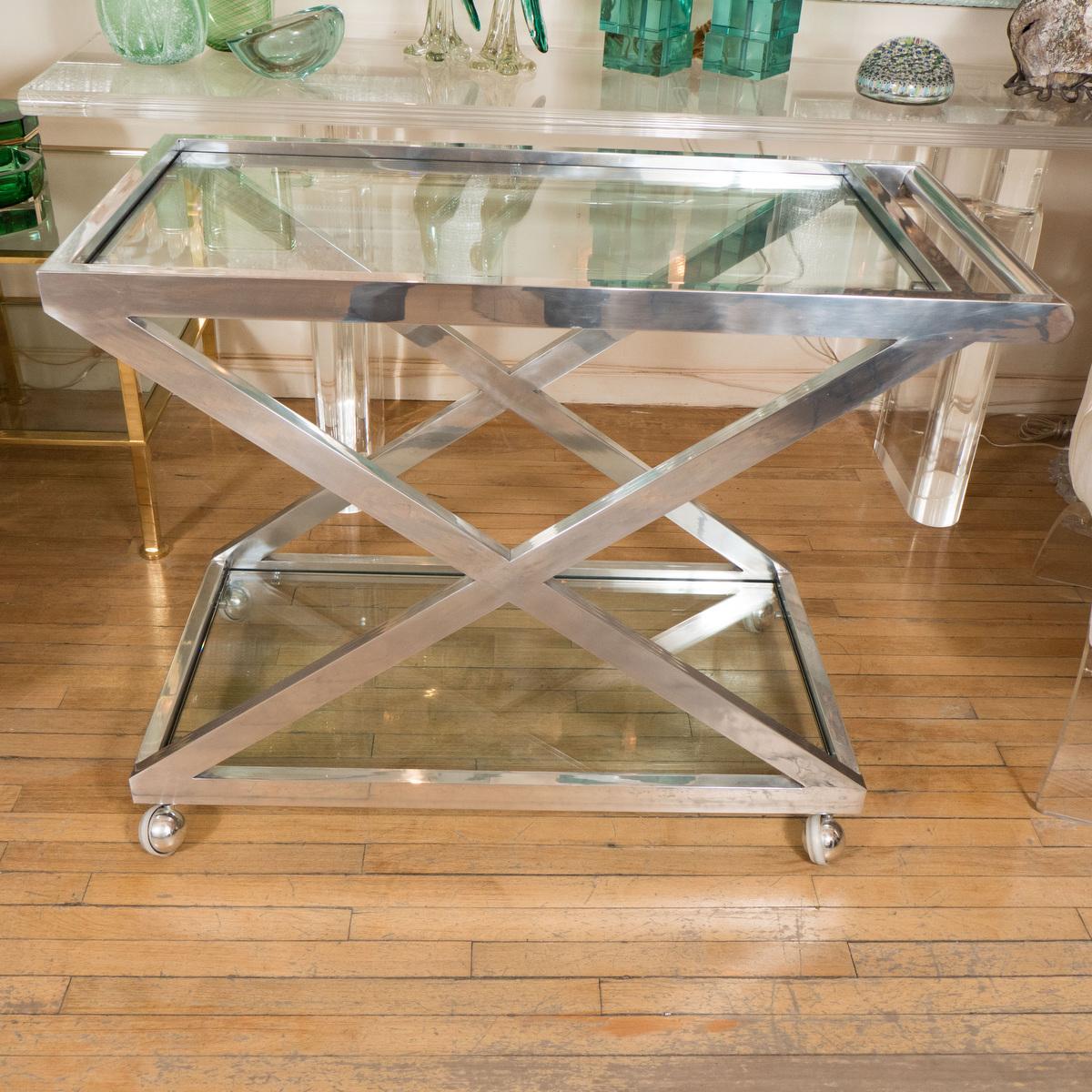 Mid-Century Modern Rolling nickel X form bar cart  For Sale