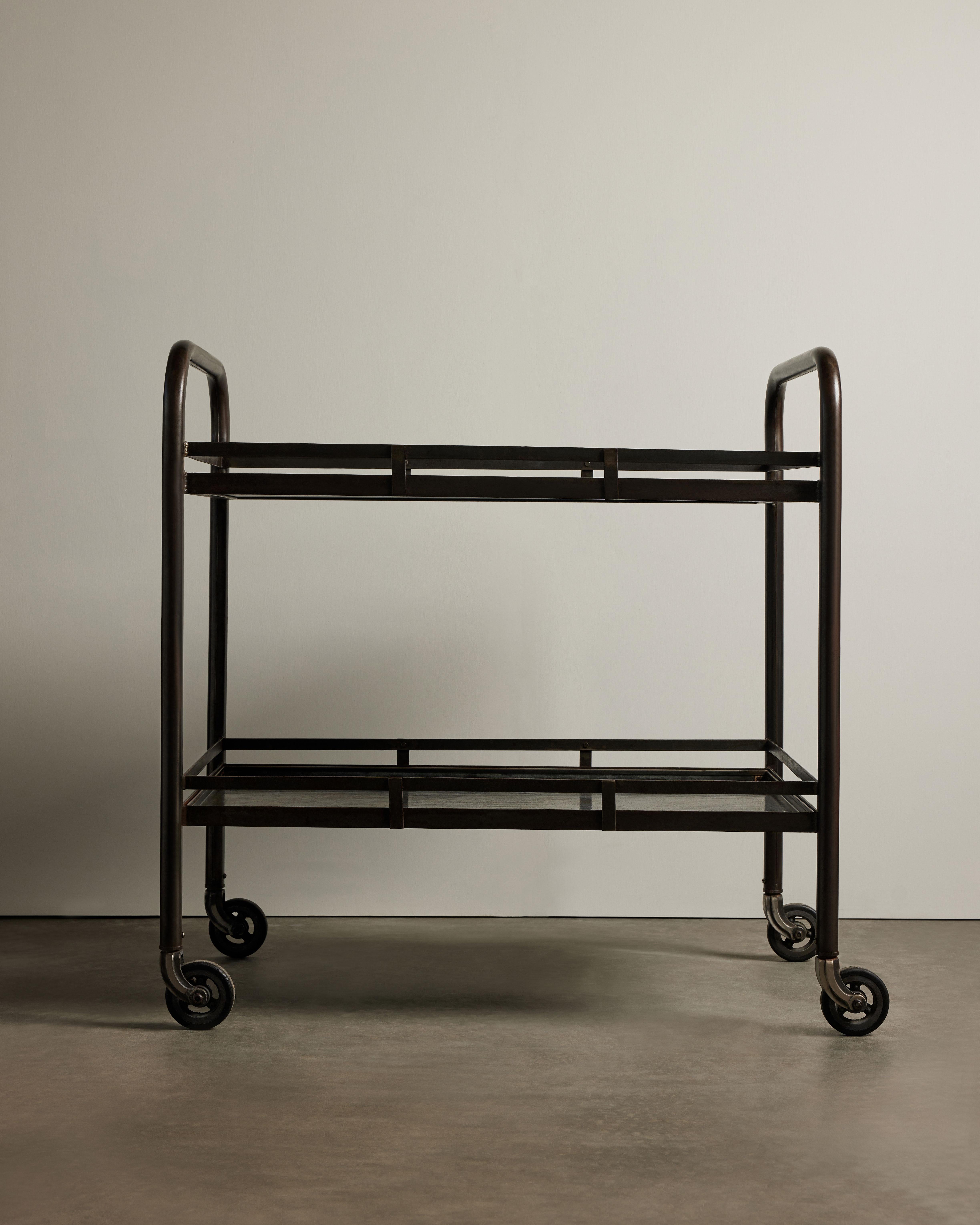 Rolling Patinated Steel Industrial Cart on Casters, Jacques Adnet, 20th C In condizioni ottime in vendita a New York City, NY