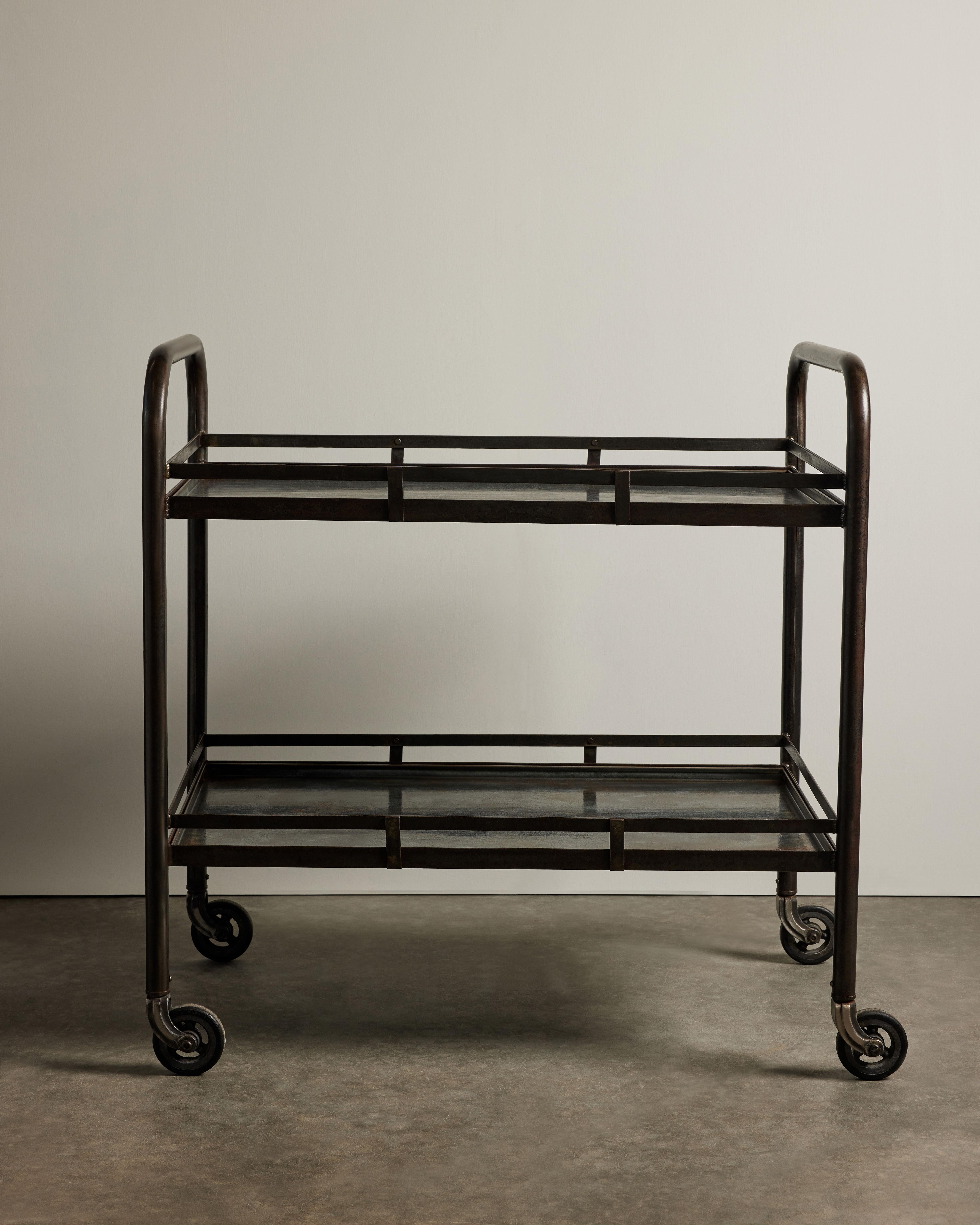XX secolo Rolling Patinated Steel Industrial Cart on Casters, Jacques Adnet, 20th C in vendita