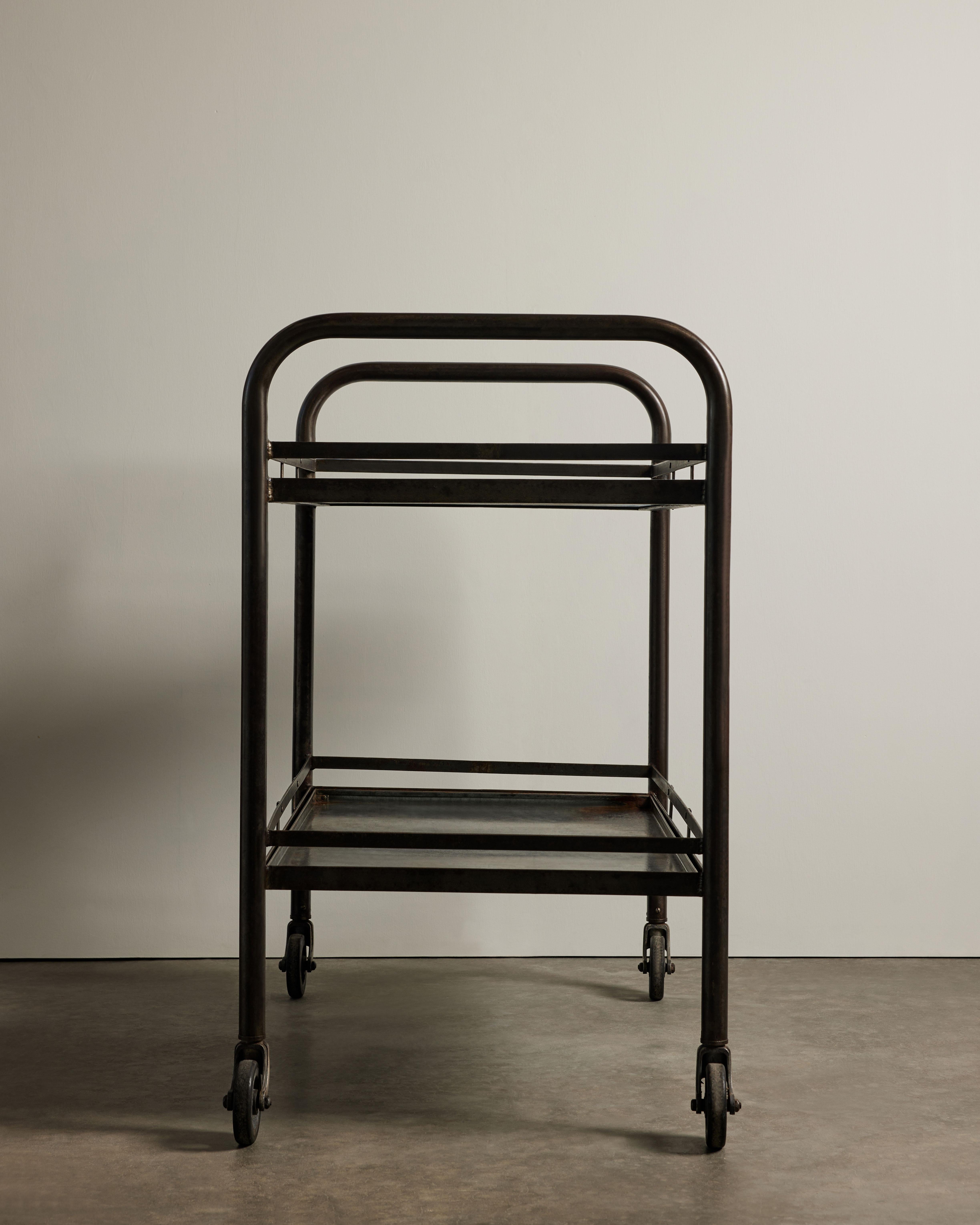 Acciaio Rolling Patinated Steel Industrial Cart on Casters, Jacques Adnet, 20th C in vendita