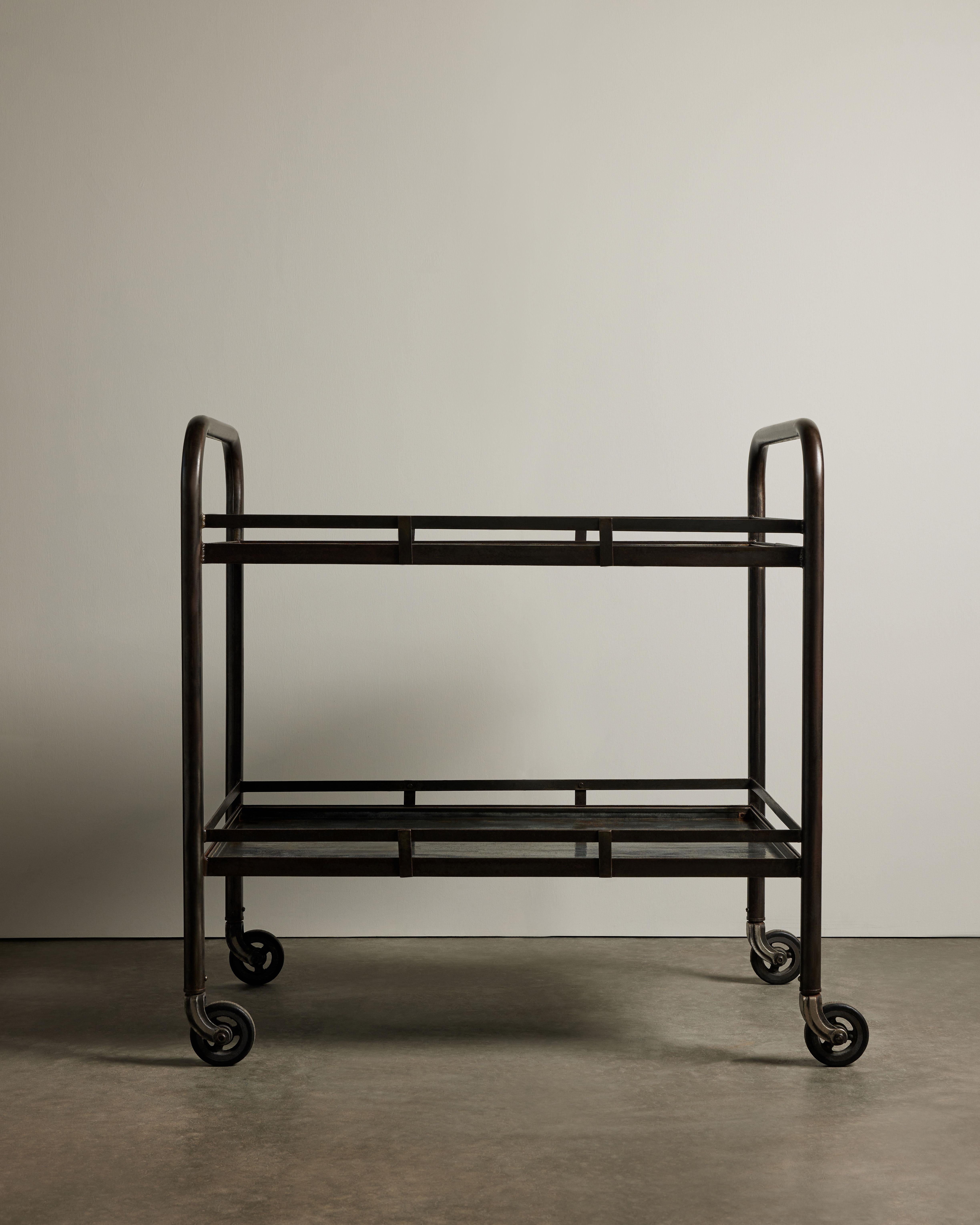 Rolling Patinated Steel Industrial Cart on Casters, Jacques Adnet, 20th C in vendita 1