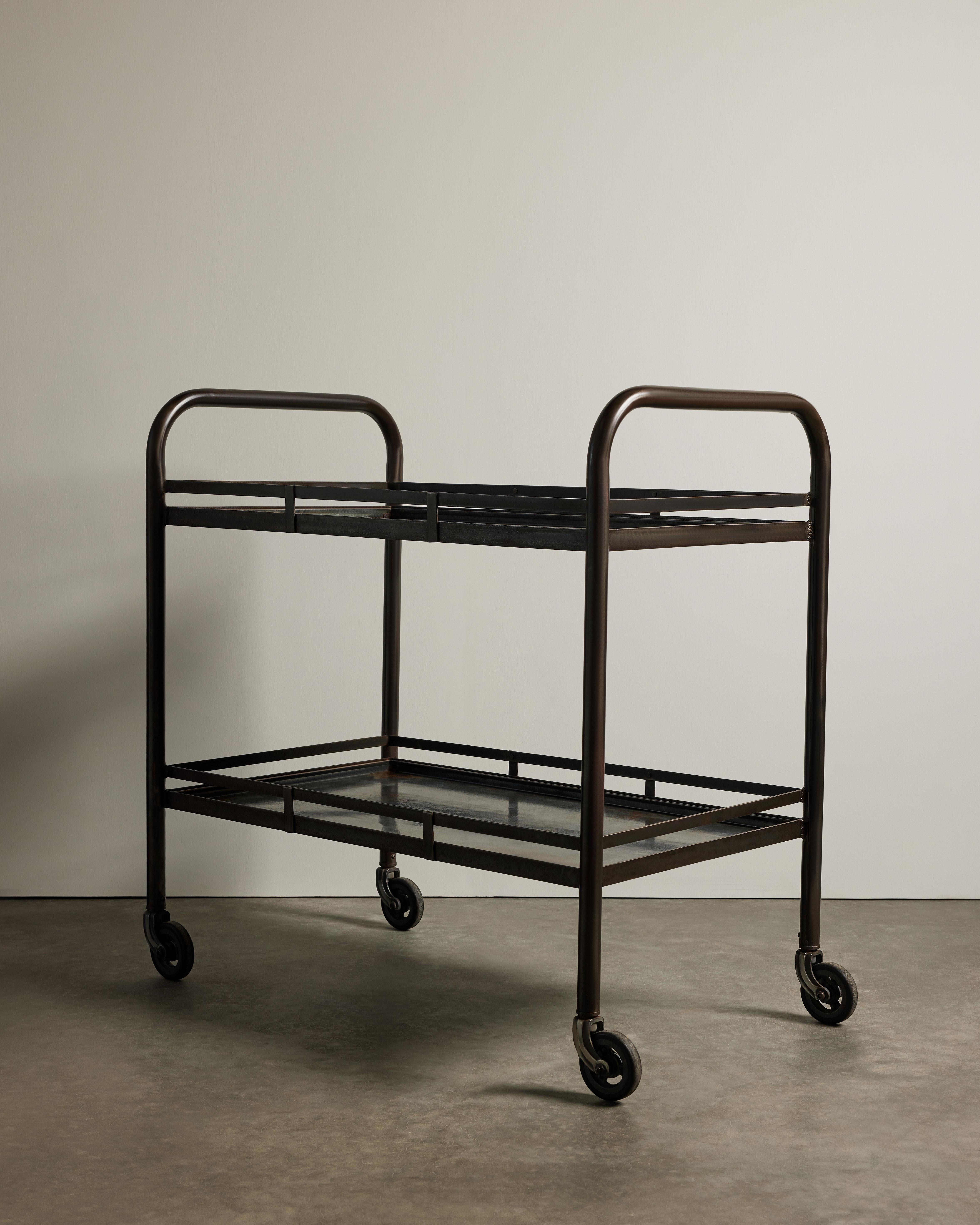Rolling Patinated Steel Industrial Cart on Casters, Jacques Adnet, 20th C in vendita 3