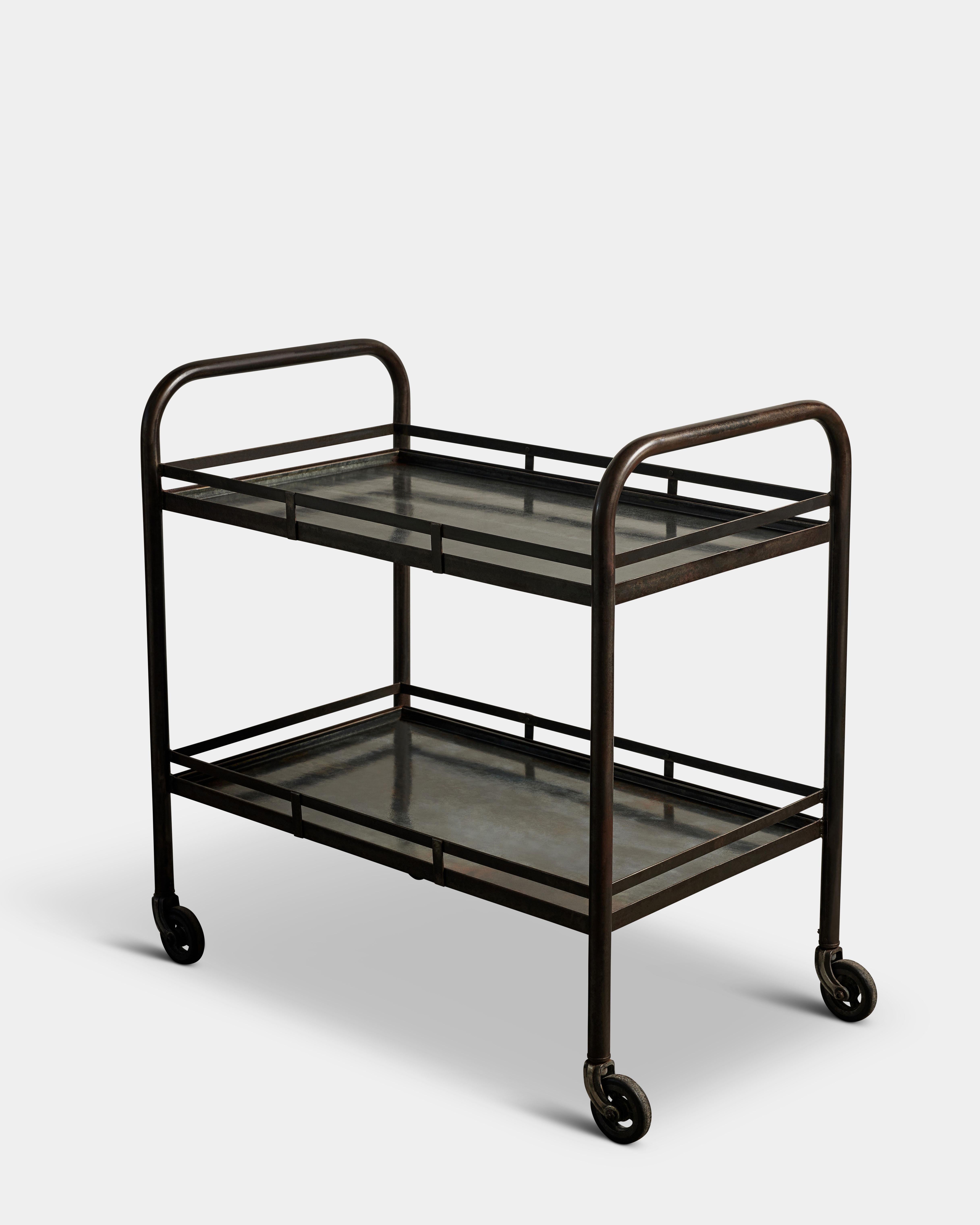 Rolling Patinated Steel Industrial Cart on Casters, Jacques Adnet, 20th C in vendita 4
