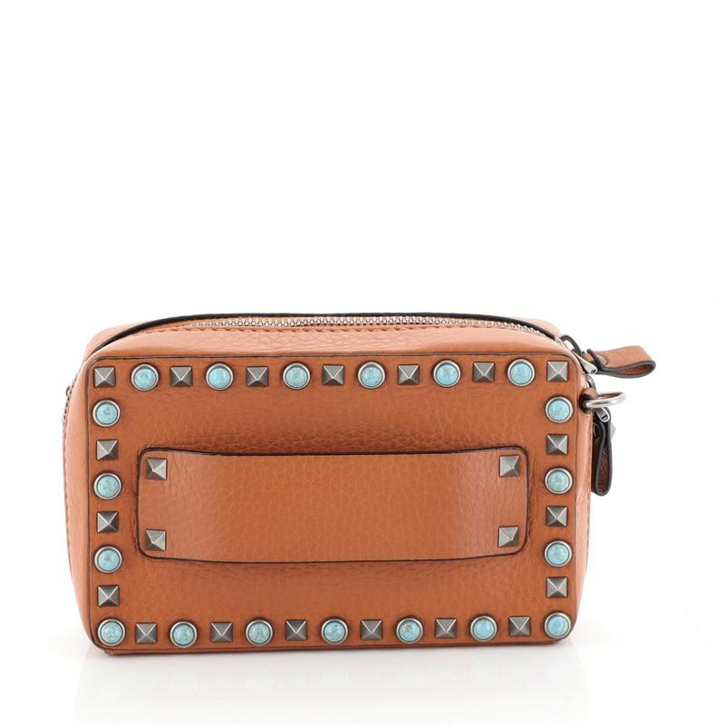 Brown Rolling Rockstud Camera Crossbody Bag Leather with Cabochons