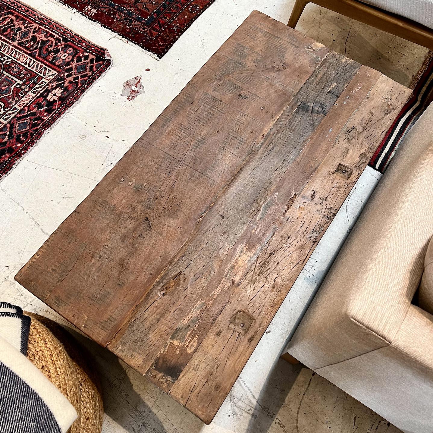 Rolling Salvaged Wood Plank Coffee Table on Wheels For Sale at 1stDibs