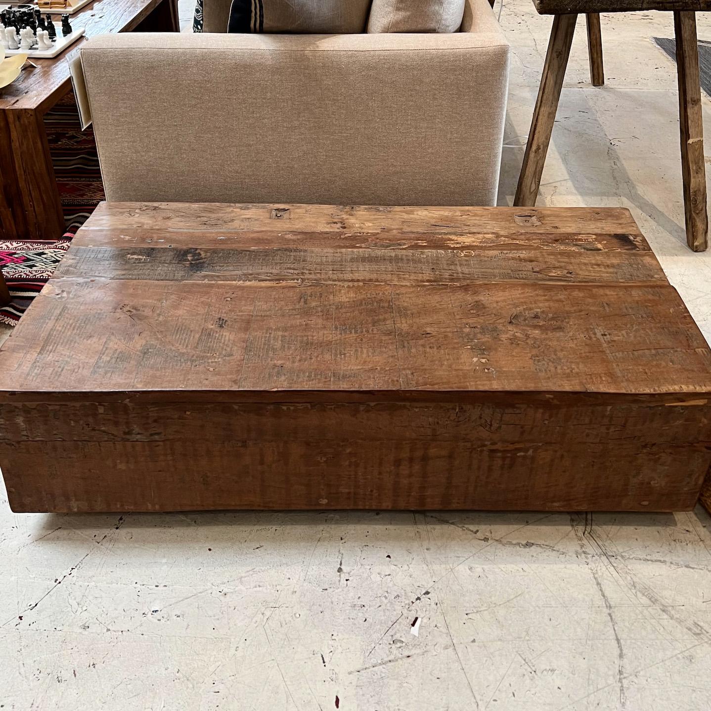 Rolling Salvaged Wood Plank Coffee Table on Wheels For Sale at 1stDibs