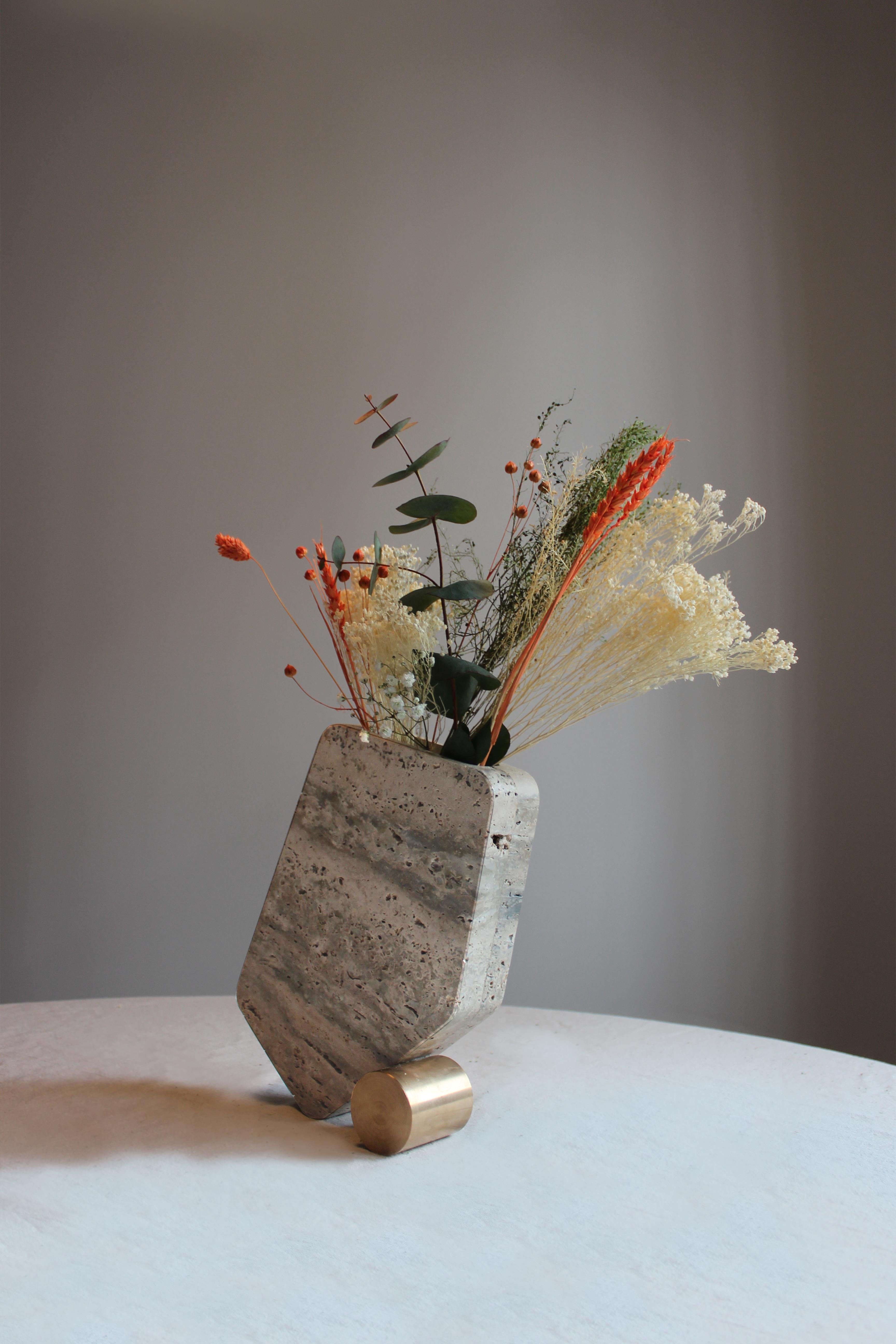 Rolling Vase #2 by dAM Atelier Contemporary Italian Sculptural Travertine Bronze For Sale 5