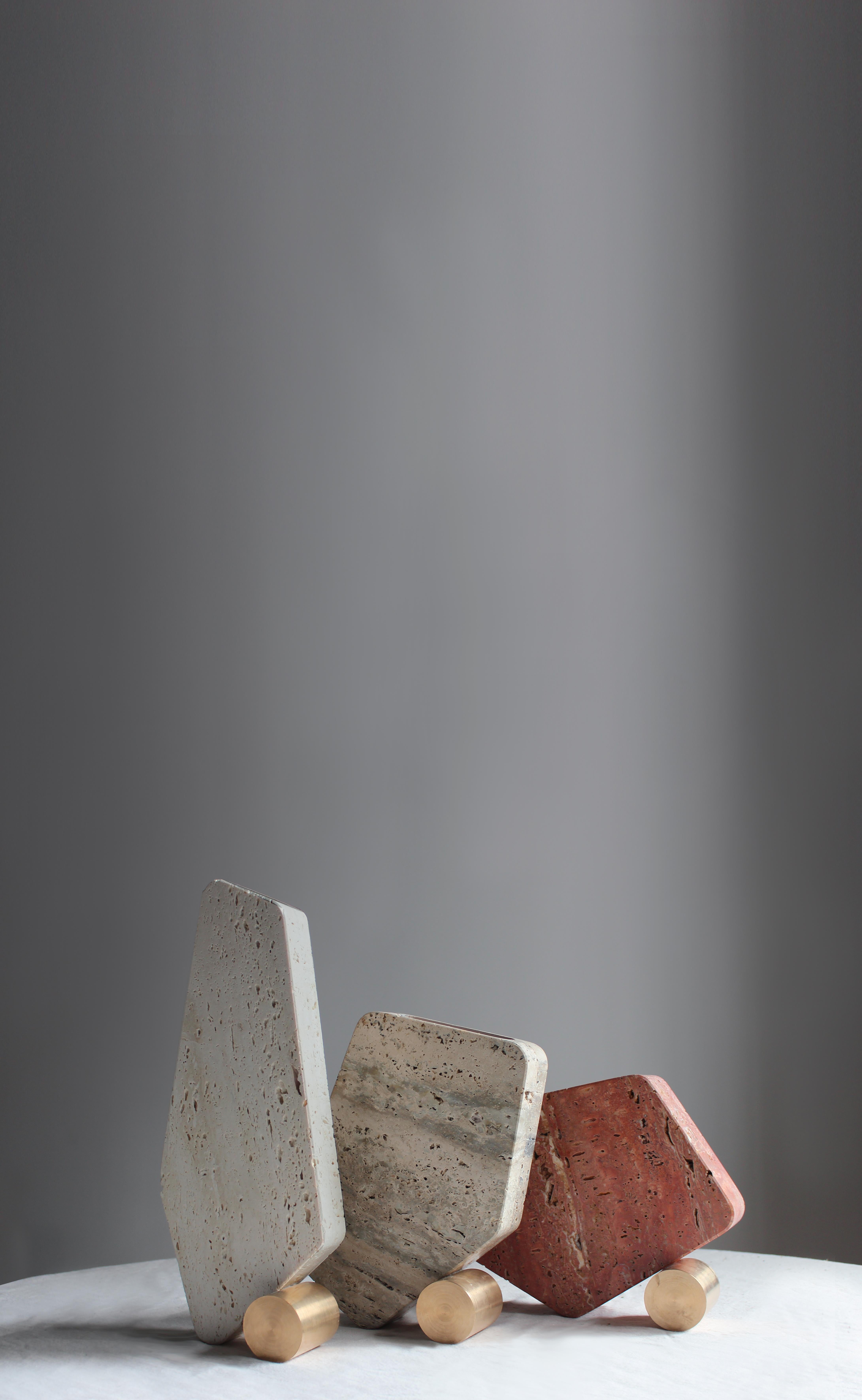 Rolling Vase Set of 3 by Dam Atelier Italian Sculptural Travertine Bronze For Sale 1