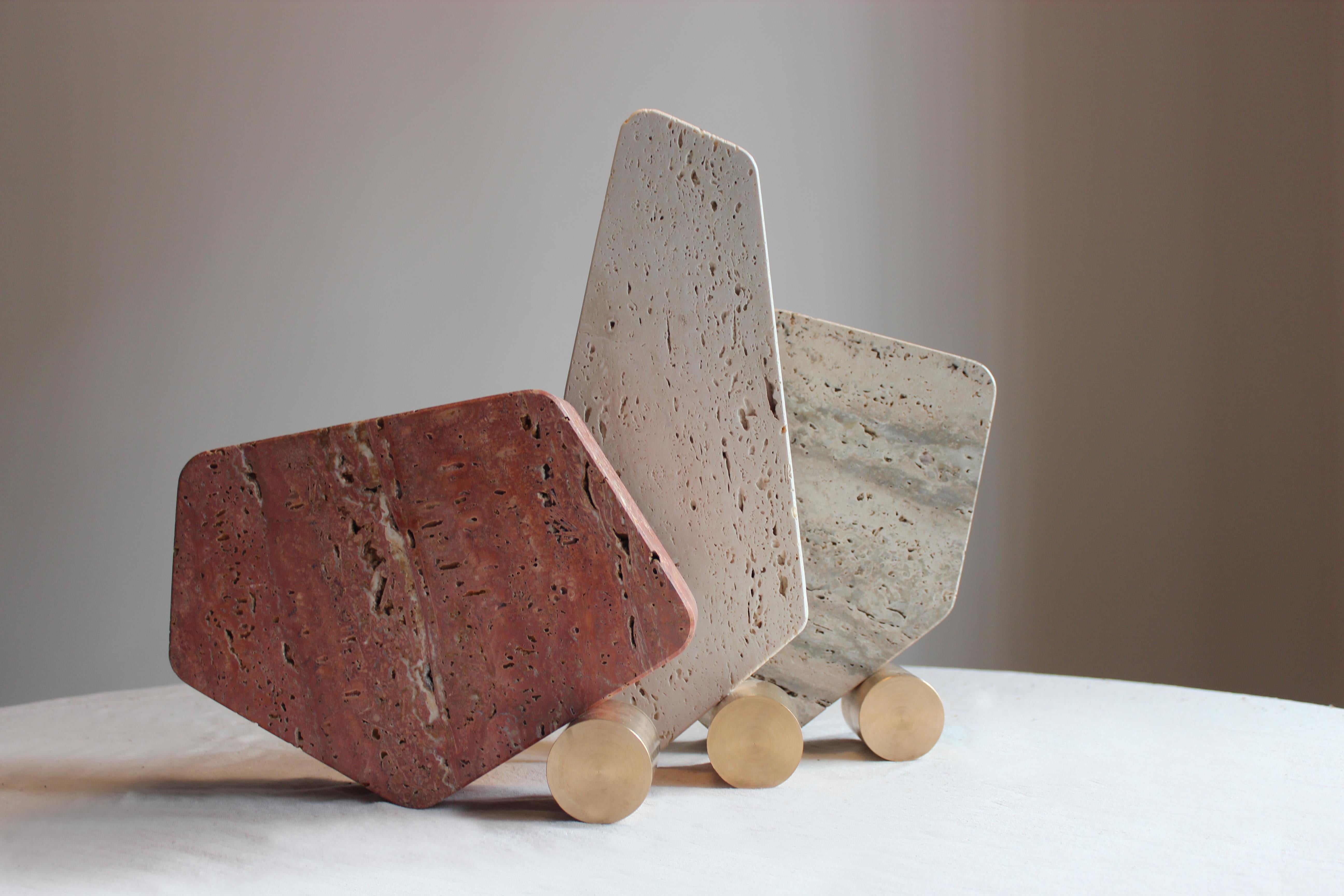 Rolling Vase Set of 3 by Dam Atelier Italian Sculptural Travertine Bronze For Sale 2