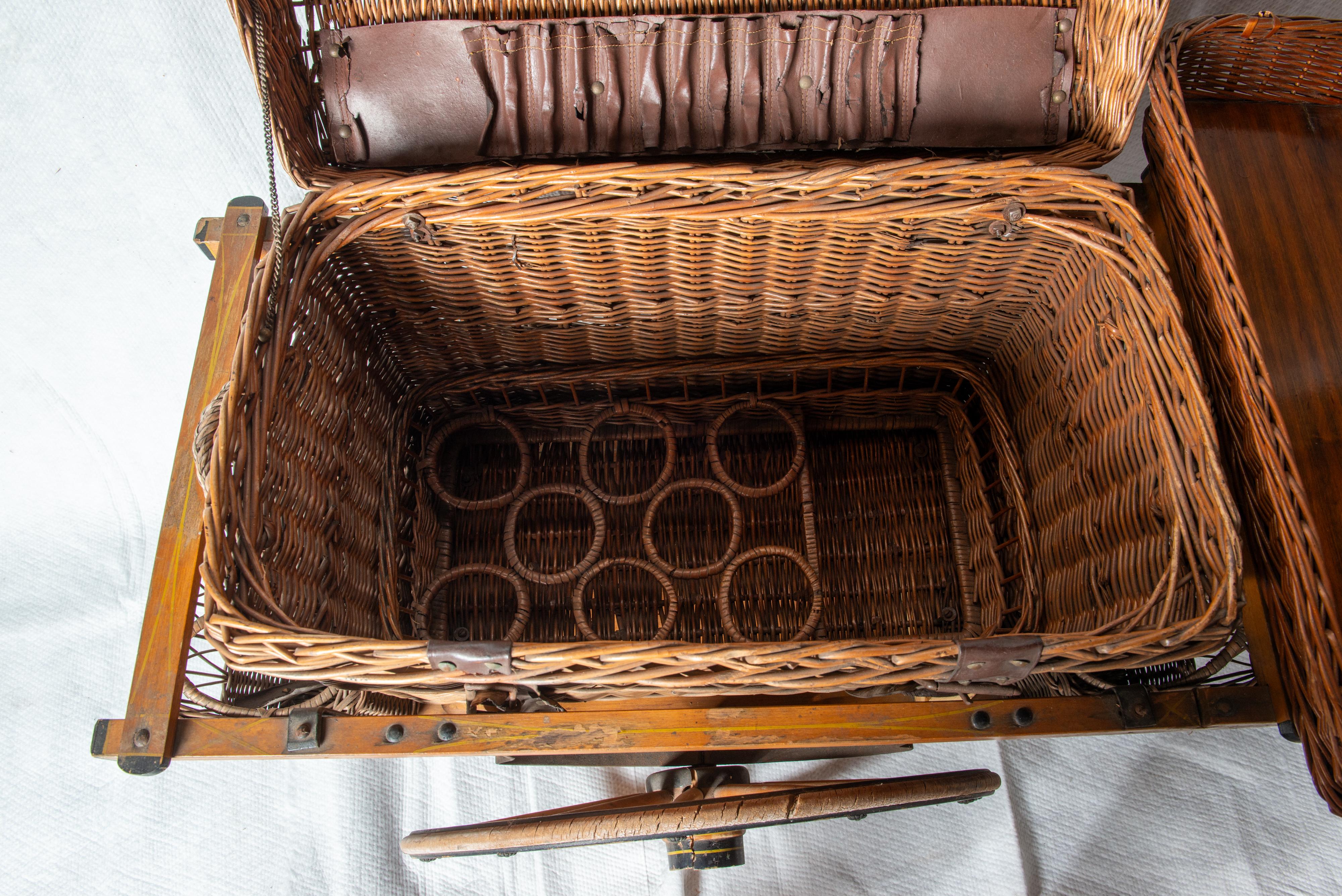 Leather Rolling Wicker Picnic Basket Cart For Sale