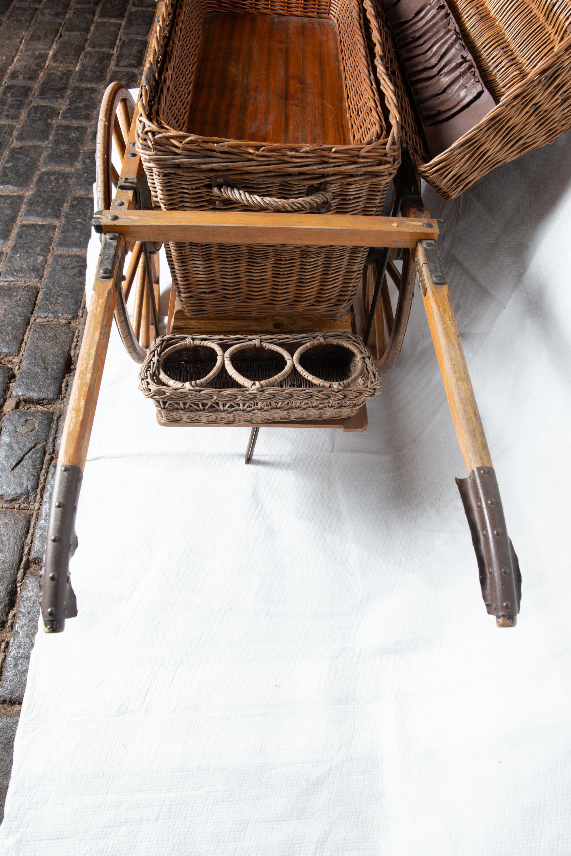 Leather Rolling Wicker Picnic Basket Cart