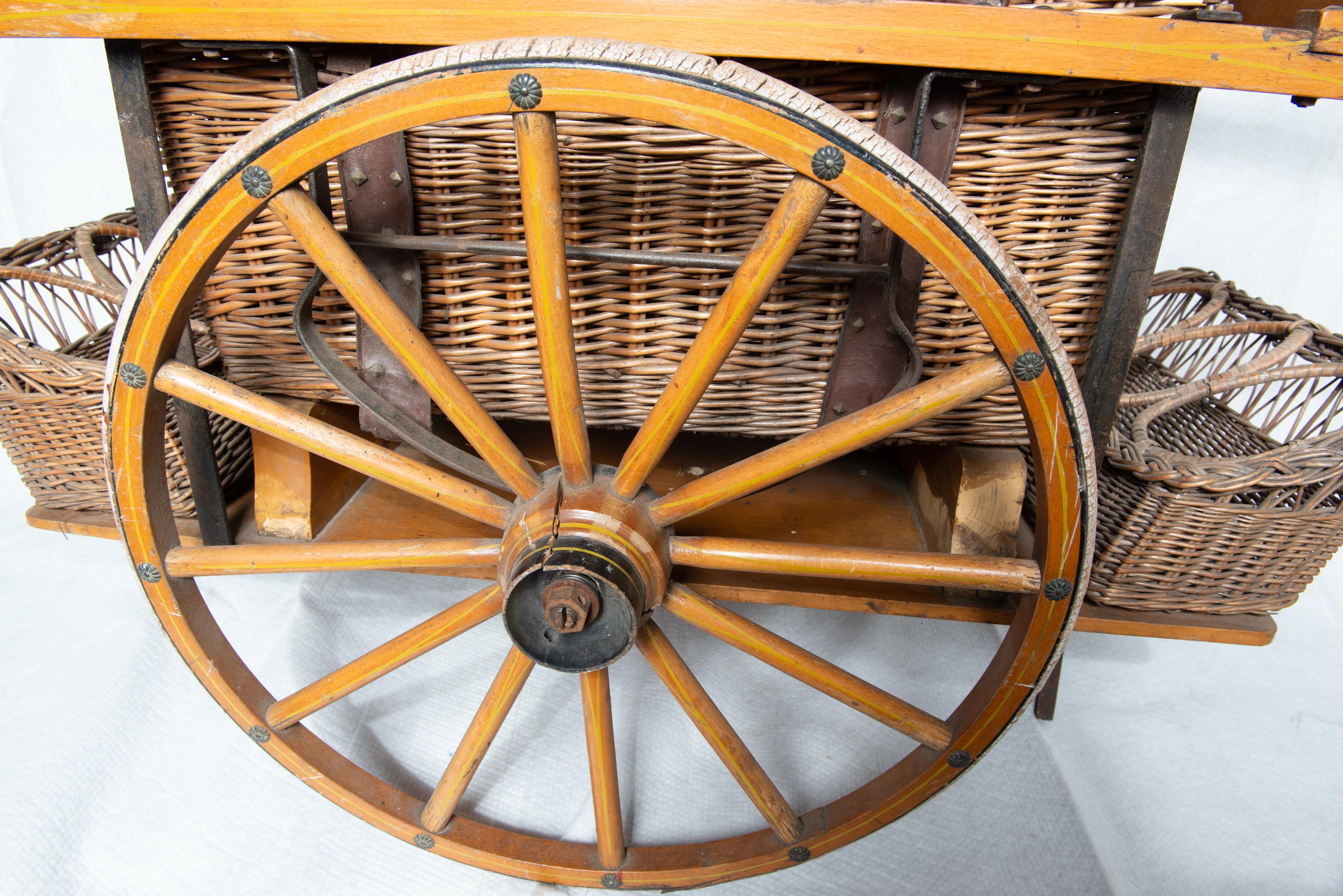 Rolling Wicker Picnic Basket Cart For Sale 8