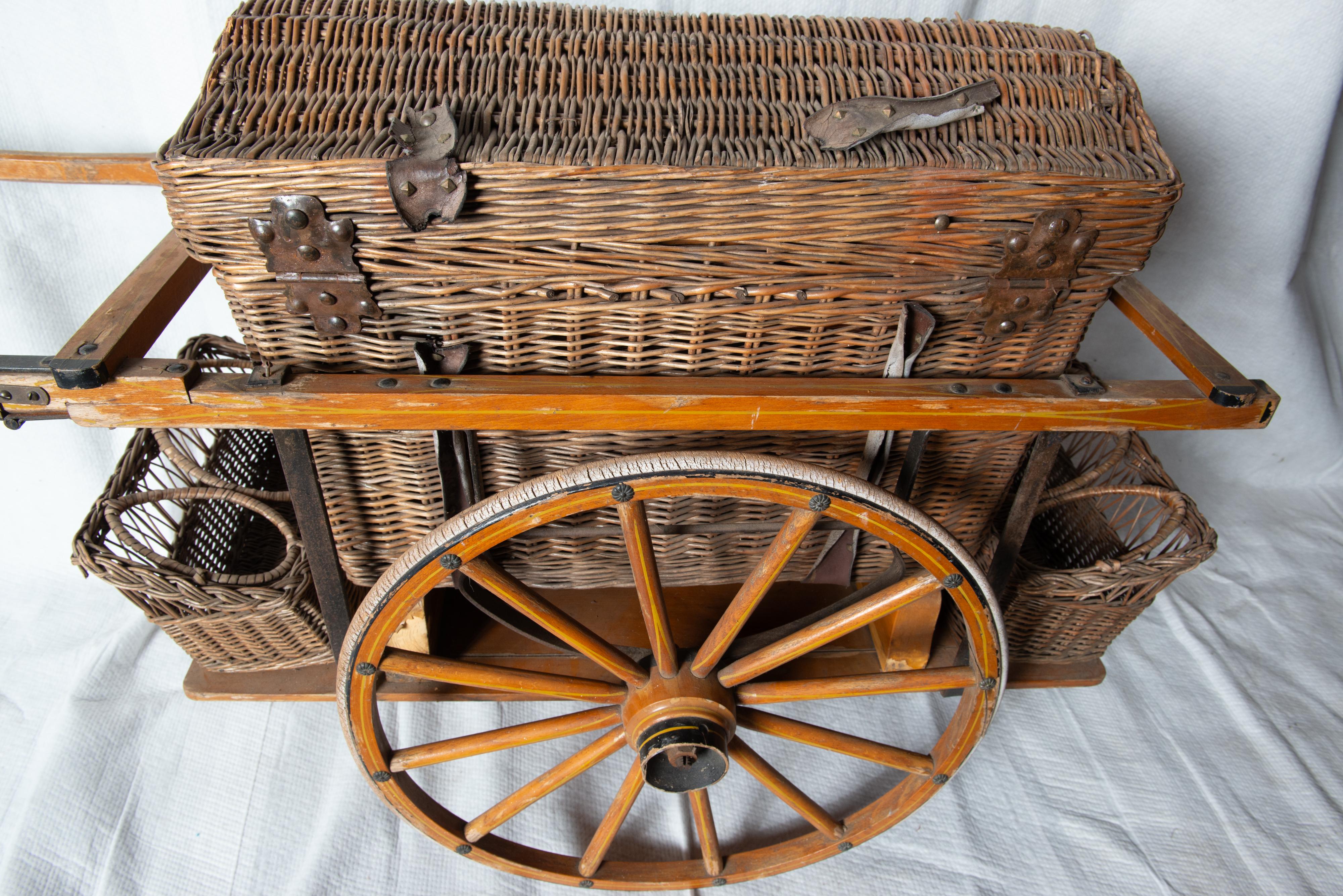 Rolling Wicker Picnic Basket Cart For Sale 8