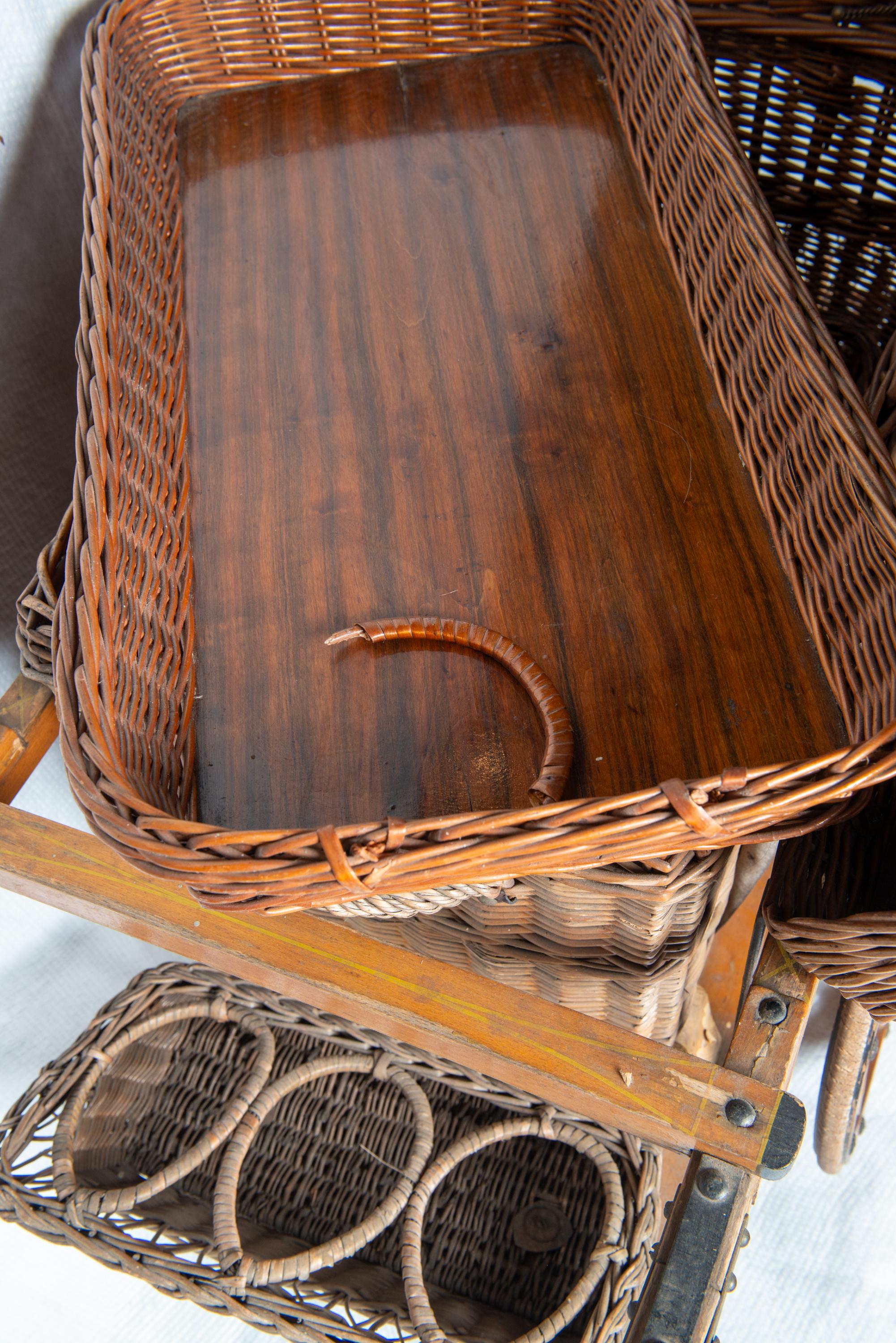 Rolling Wicker Picnic Basket Cart For Sale 10