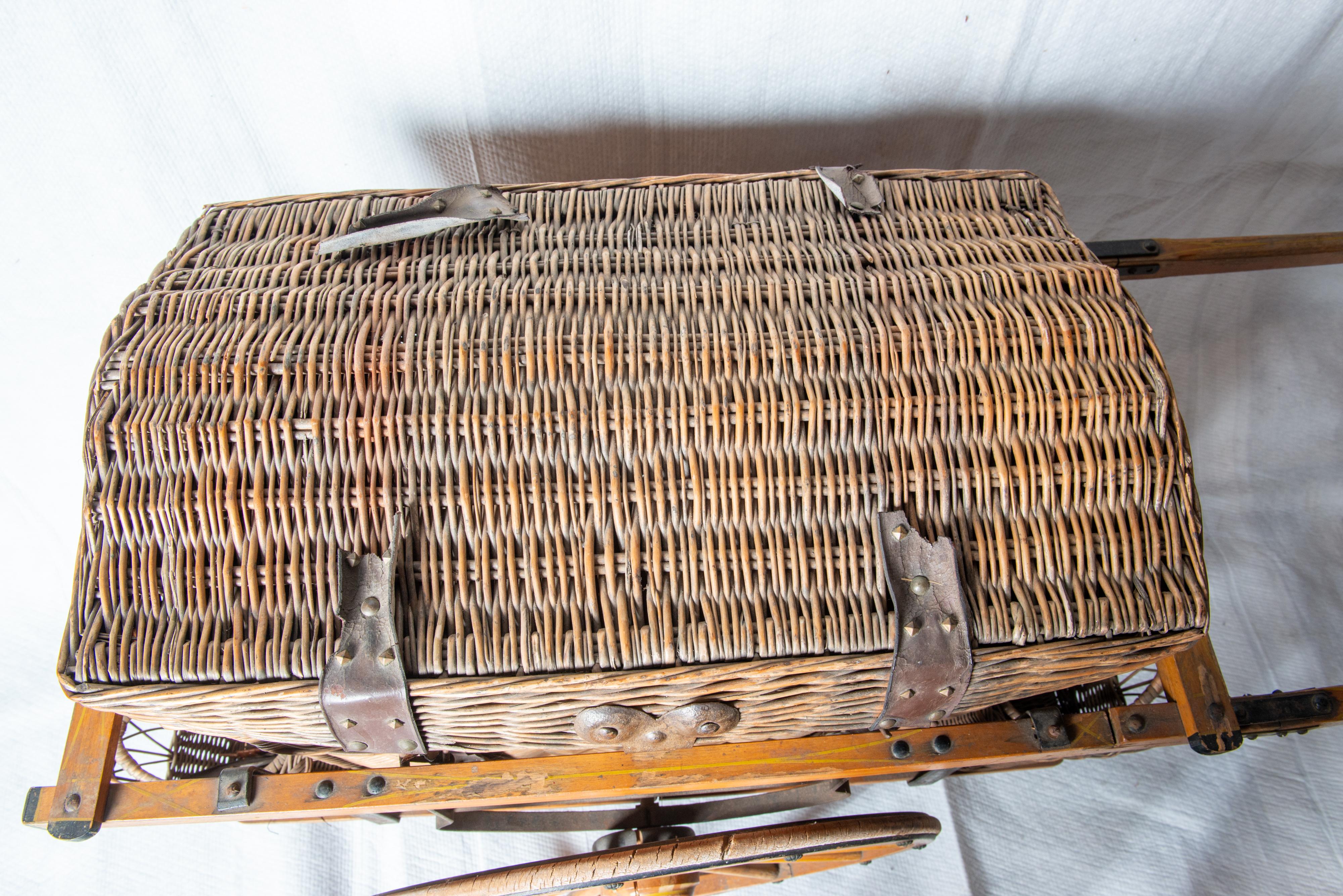 Early 20th Century Rolling Wicker Picnic Basket Cart For Sale