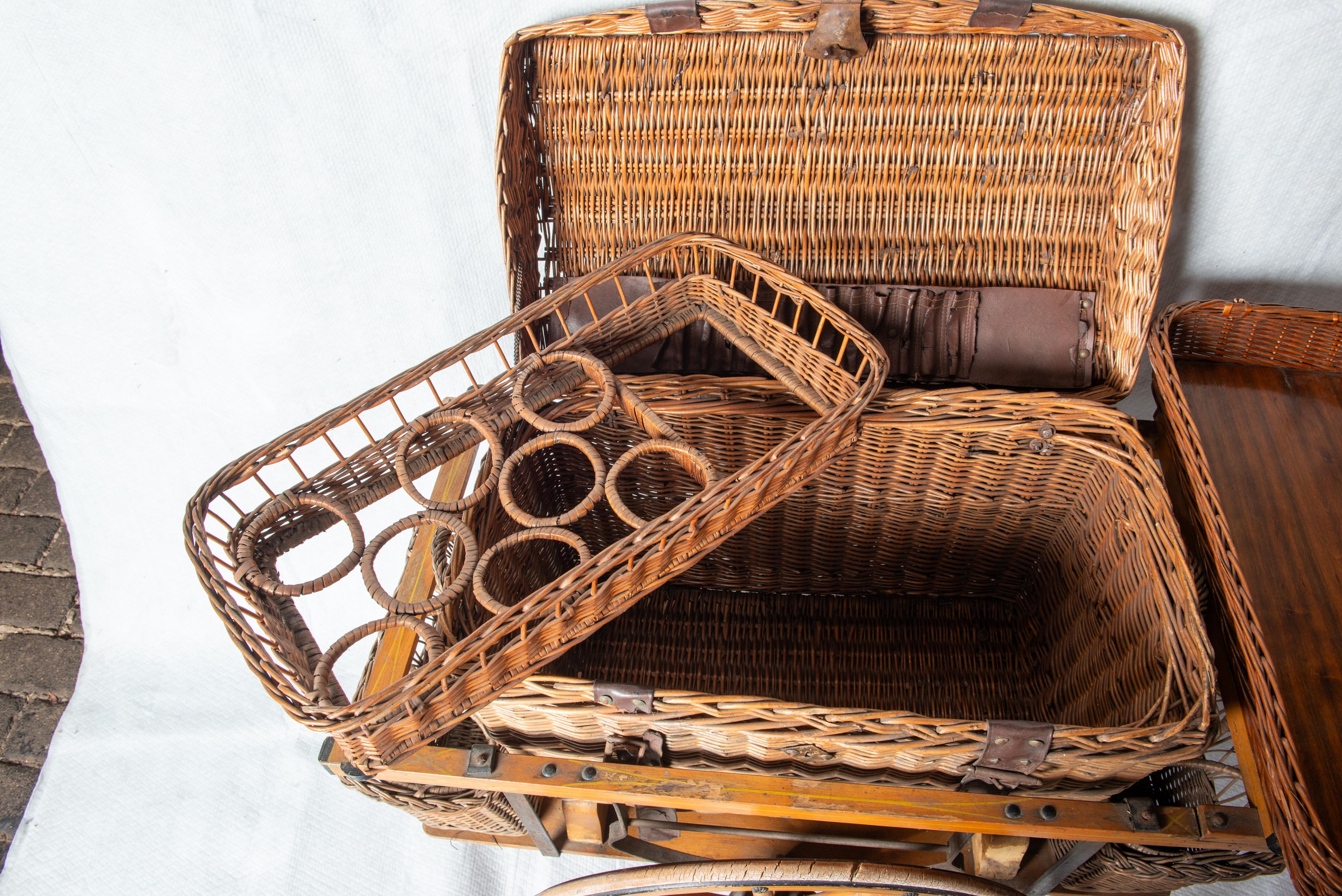 Early 20th Century Rolling Wicker Picnic Basket Cart For Sale