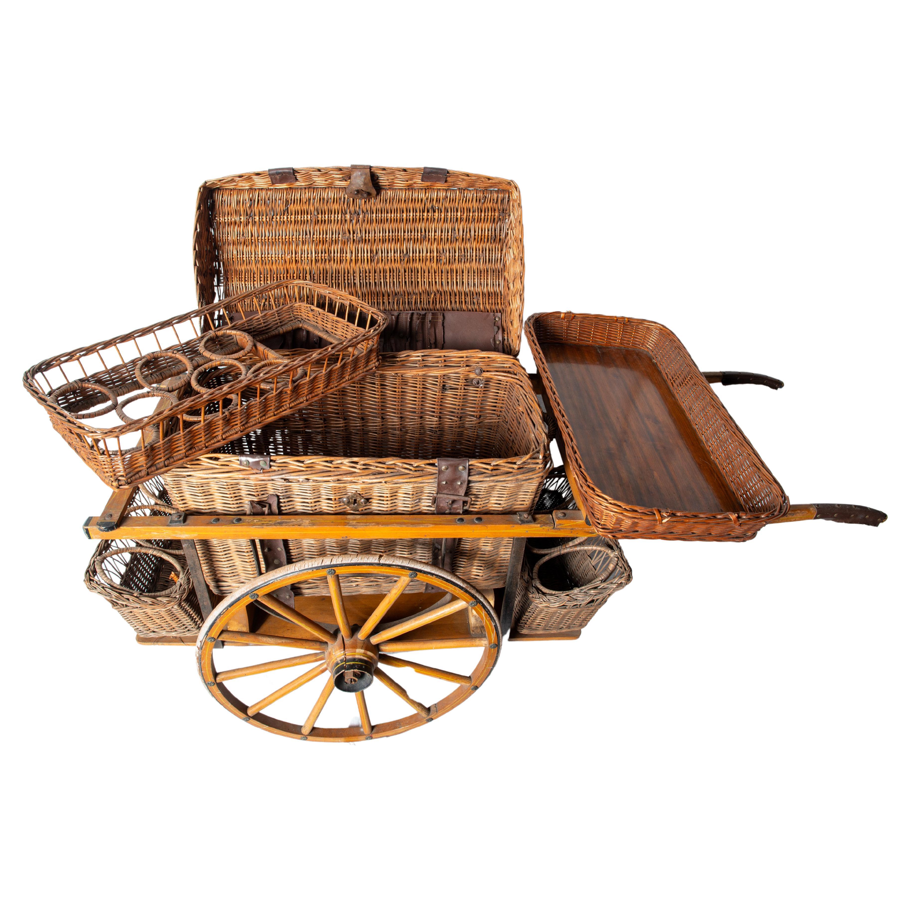 Rolling Wicker Picnic Basket Cart For Sale