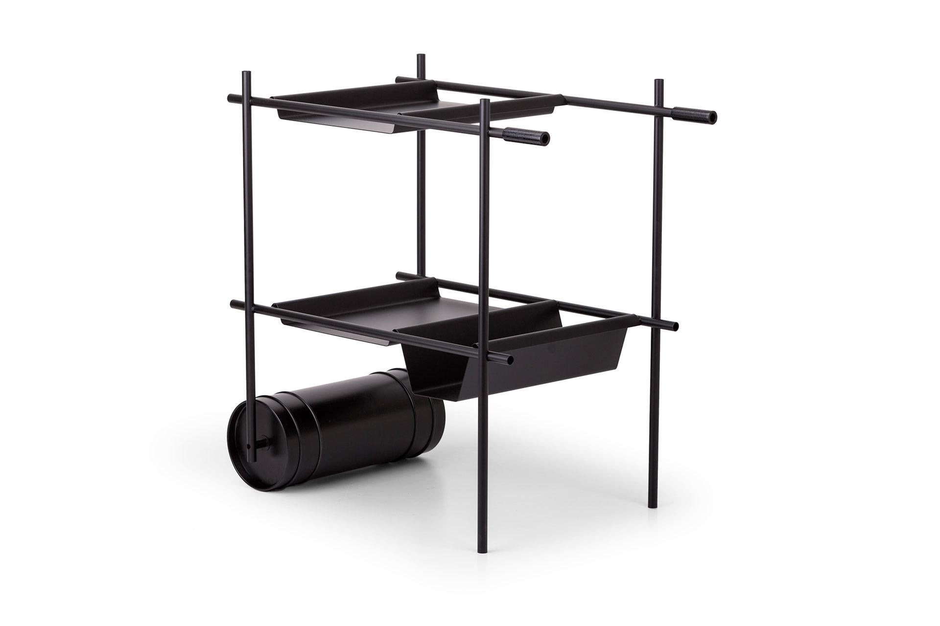 Rollingin Drink Trolley by Mingardo
Dimensions: D86 x W54 x H82 cm 
Materials: Ral 9005 black varnished iron structure and black/ red varnished
aluminium wheel
Weight: 20 kg
Also Available in different finishes. 

Rollingin is a cart for