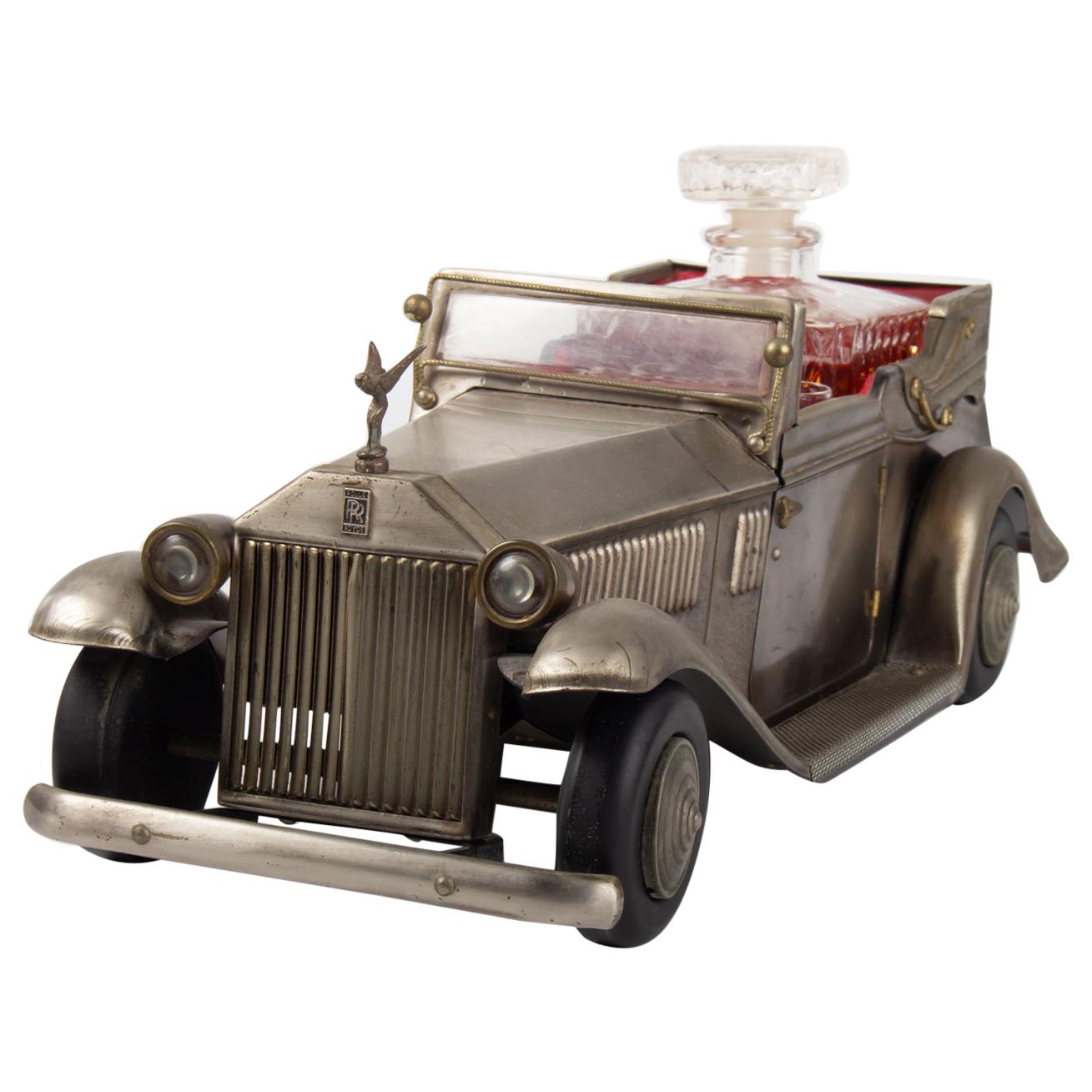 Rolls-Royce in Metal, 1920-1930, Art Deco Era, with Carafe, 6 Glasses, Music Box