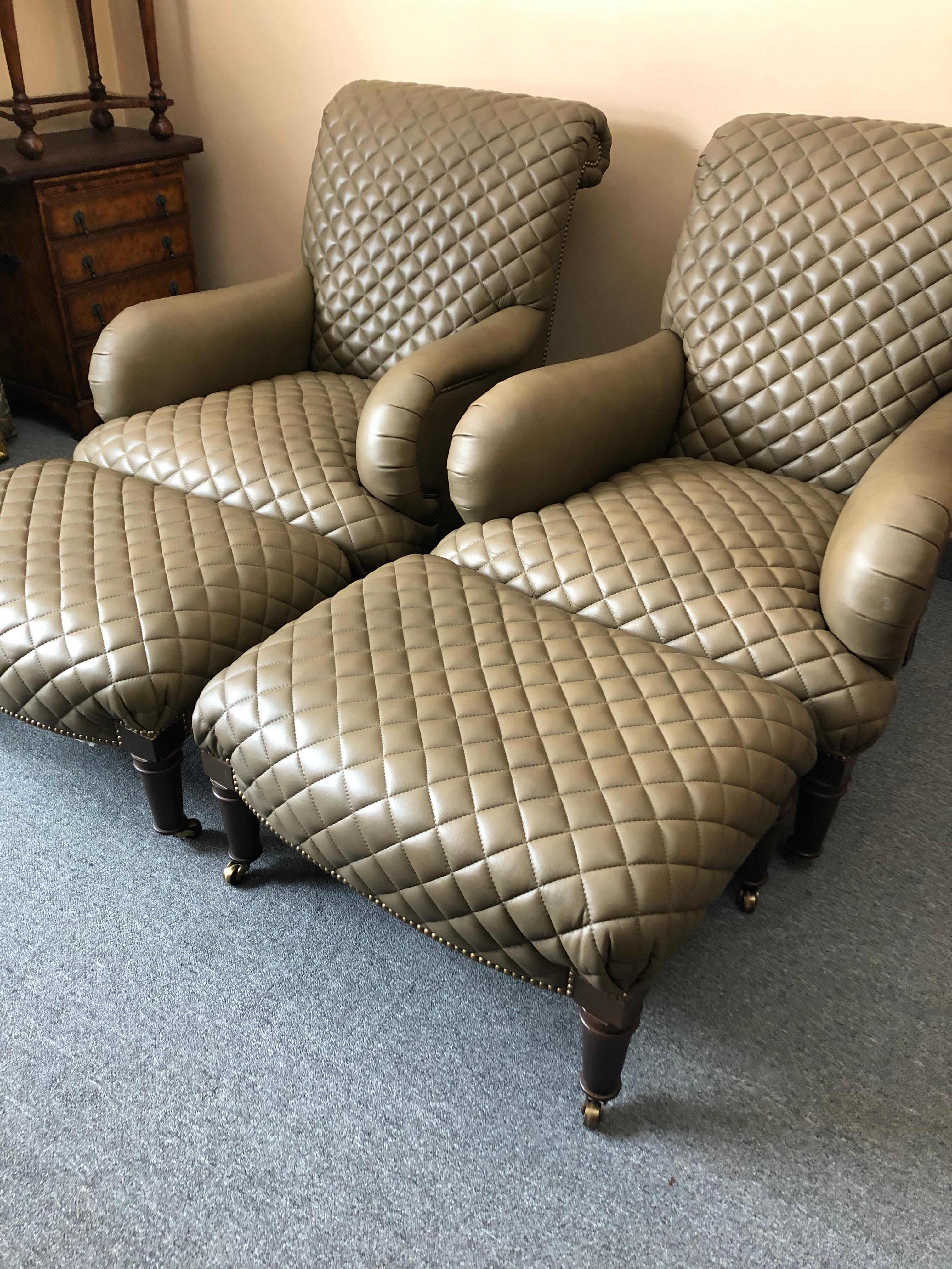 Rolls Royce of Quilted Leather Lounge Chairs with Ottomans by Ferguson Copeland 2