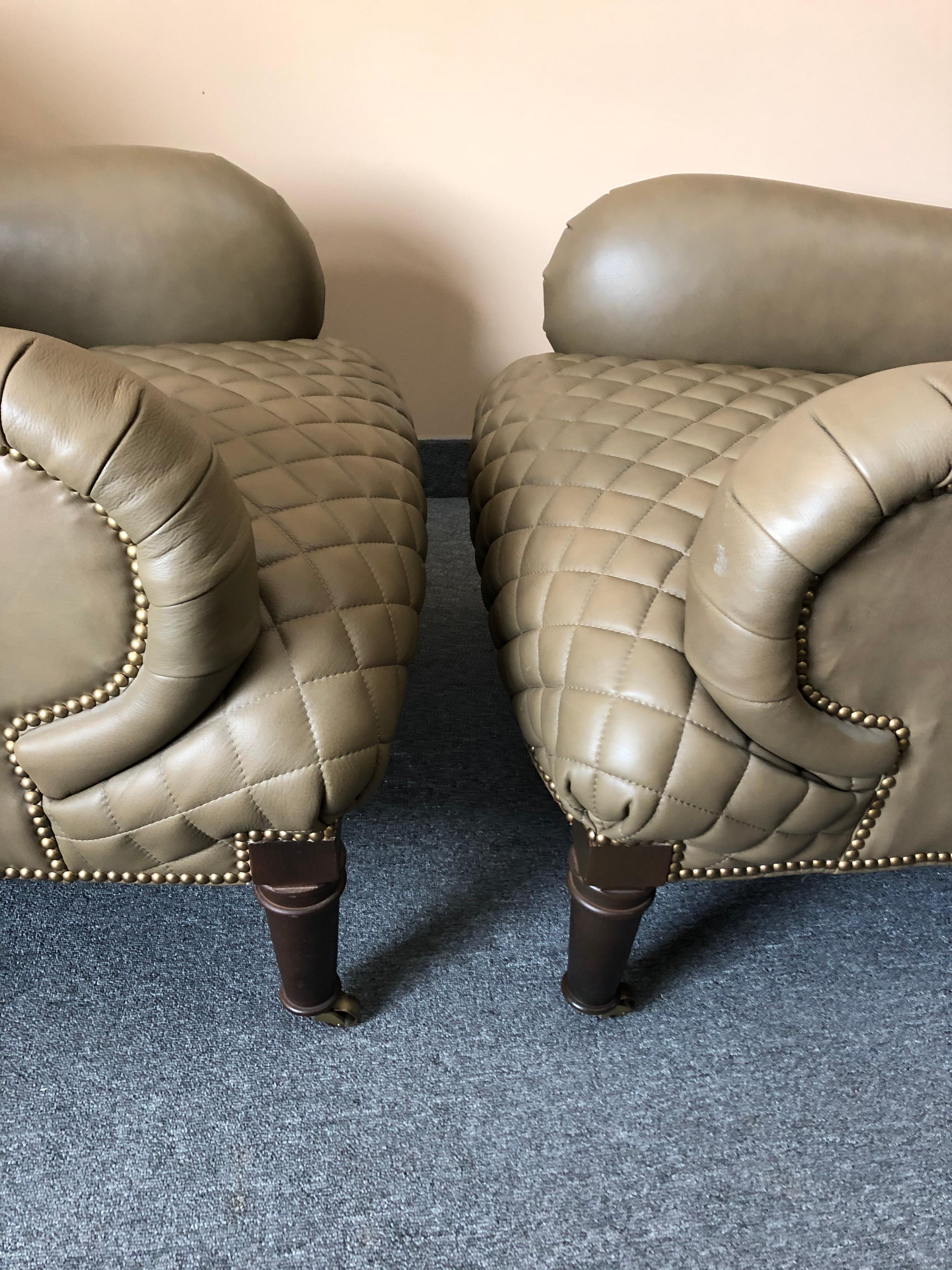Contemporary Rolls Royce of Quilted Leather Lounge Chairs with Ottomans by Ferguson Copeland