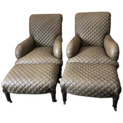 Rolls Royce of Quilted Leather Lounge Chairs with Ottomans by Ferguson Copeland