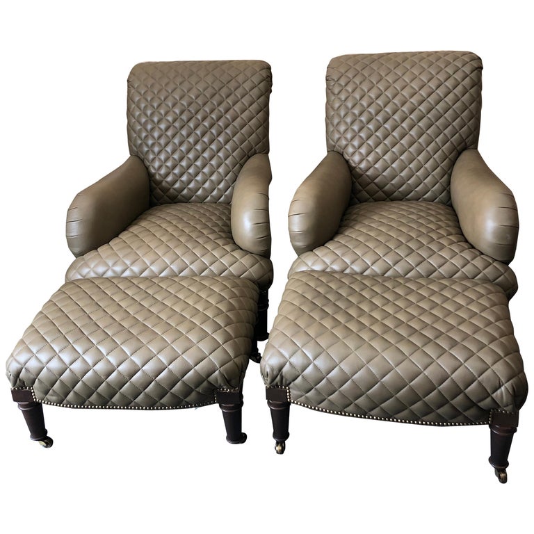 Rolls Royce of Quilted Leather Lounge Chairs with Ottomans by