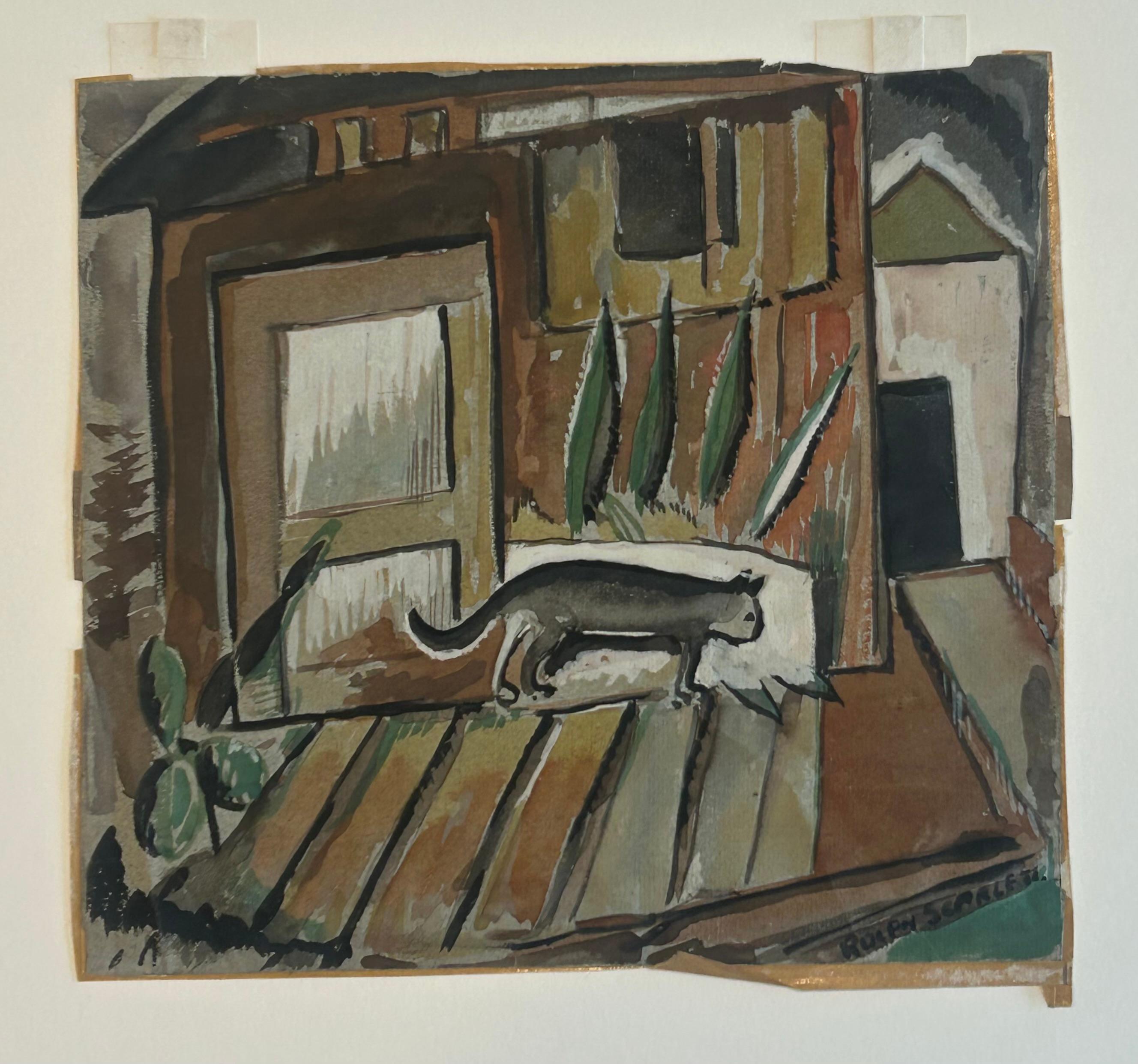 Rolph Scarlett 1889 -1984… signed watercolor on paper of a whimsical cat For Sale 8