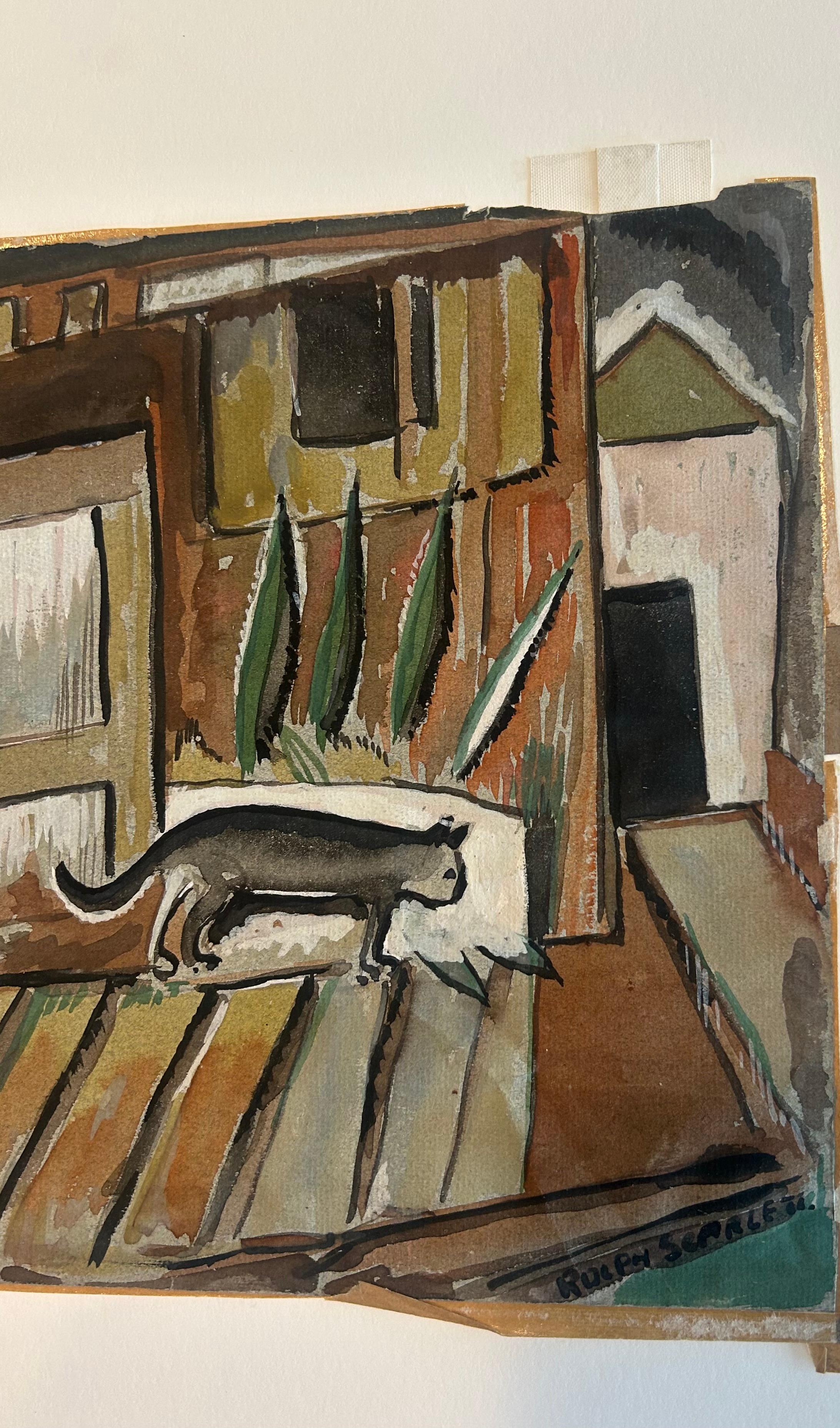 Hand-Painted Rolph Scarlett 1889 -1984… signed watercolor on paper of a whimsical cat For Sale