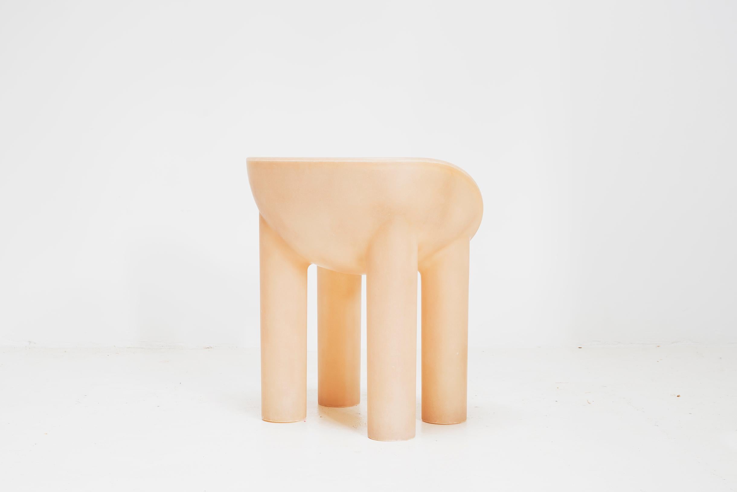 A taller iteration of the Roly-Poly chair, this scoop-seated chair with four plump legs is cast
as a single piece of fibreglass, available in milky translucent fibreglass hue that evokes vintage Bakelite
Fibreglass
Measures: 75cm high x 50cm deep