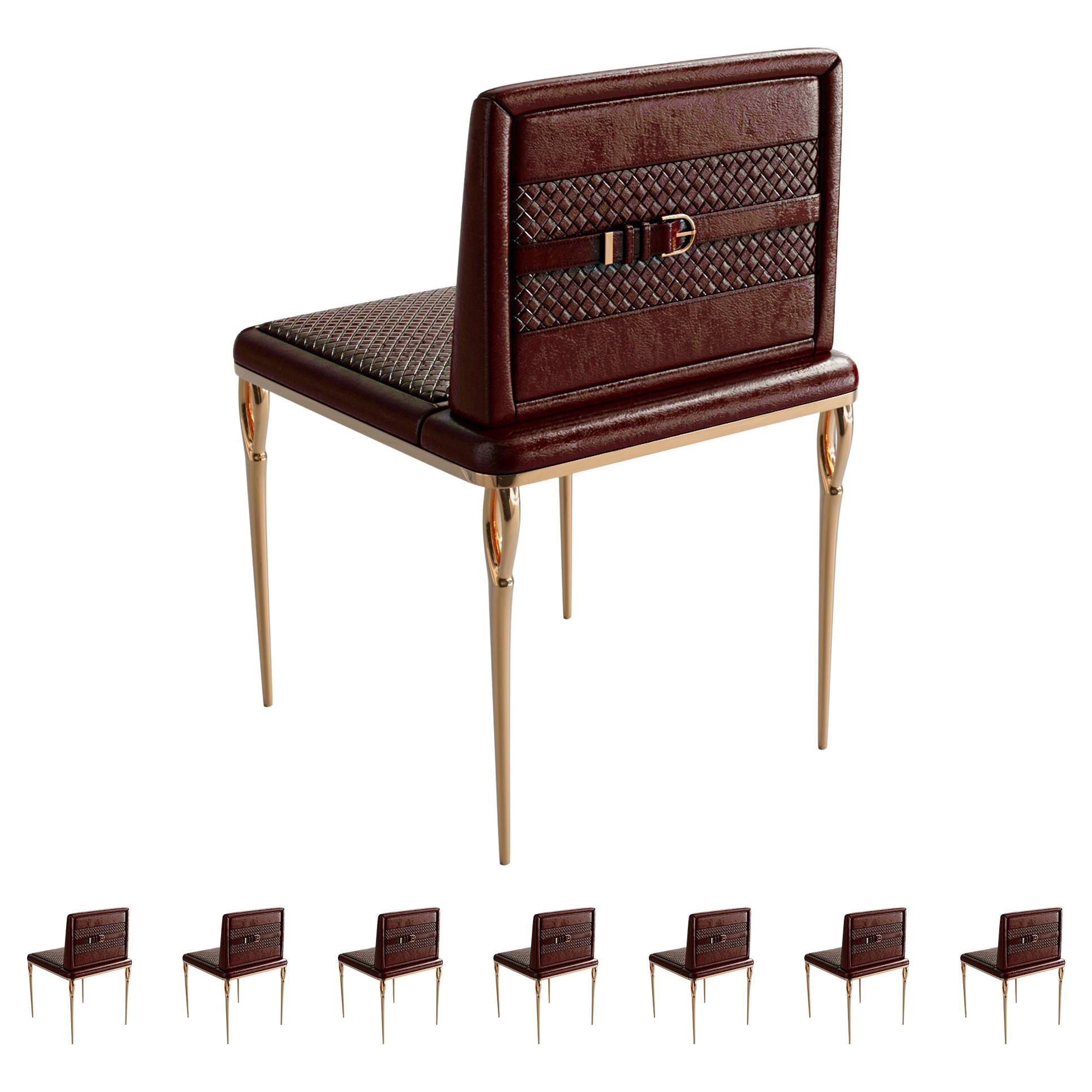 Stuhl „Roma“, achtteilig, mit Bronze und geflochtenem Leder, maßgeschneidert, Istanbul