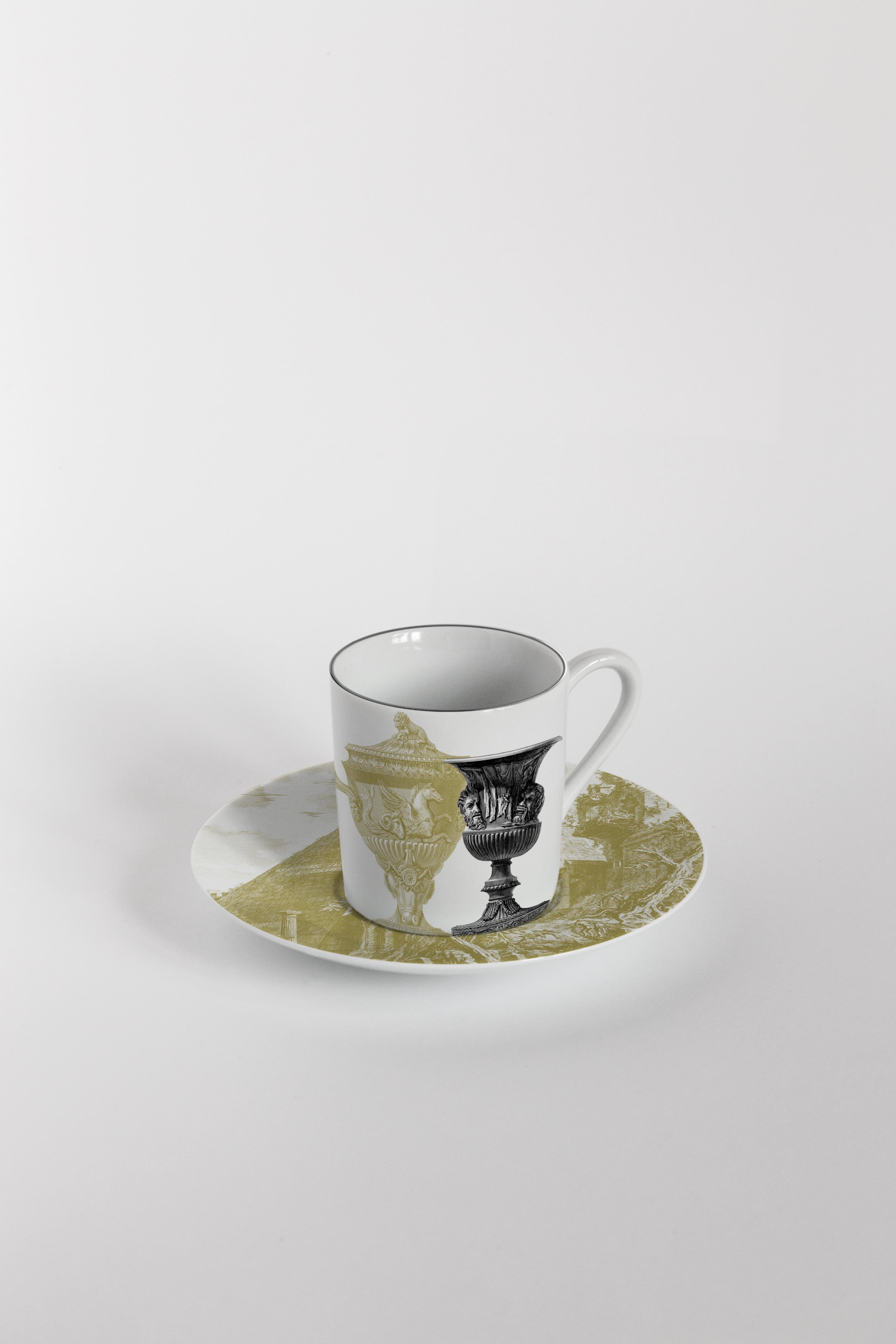 Roma, Coffee Set with Six Contemporary Porcelains with Decorative Design For Sale 1