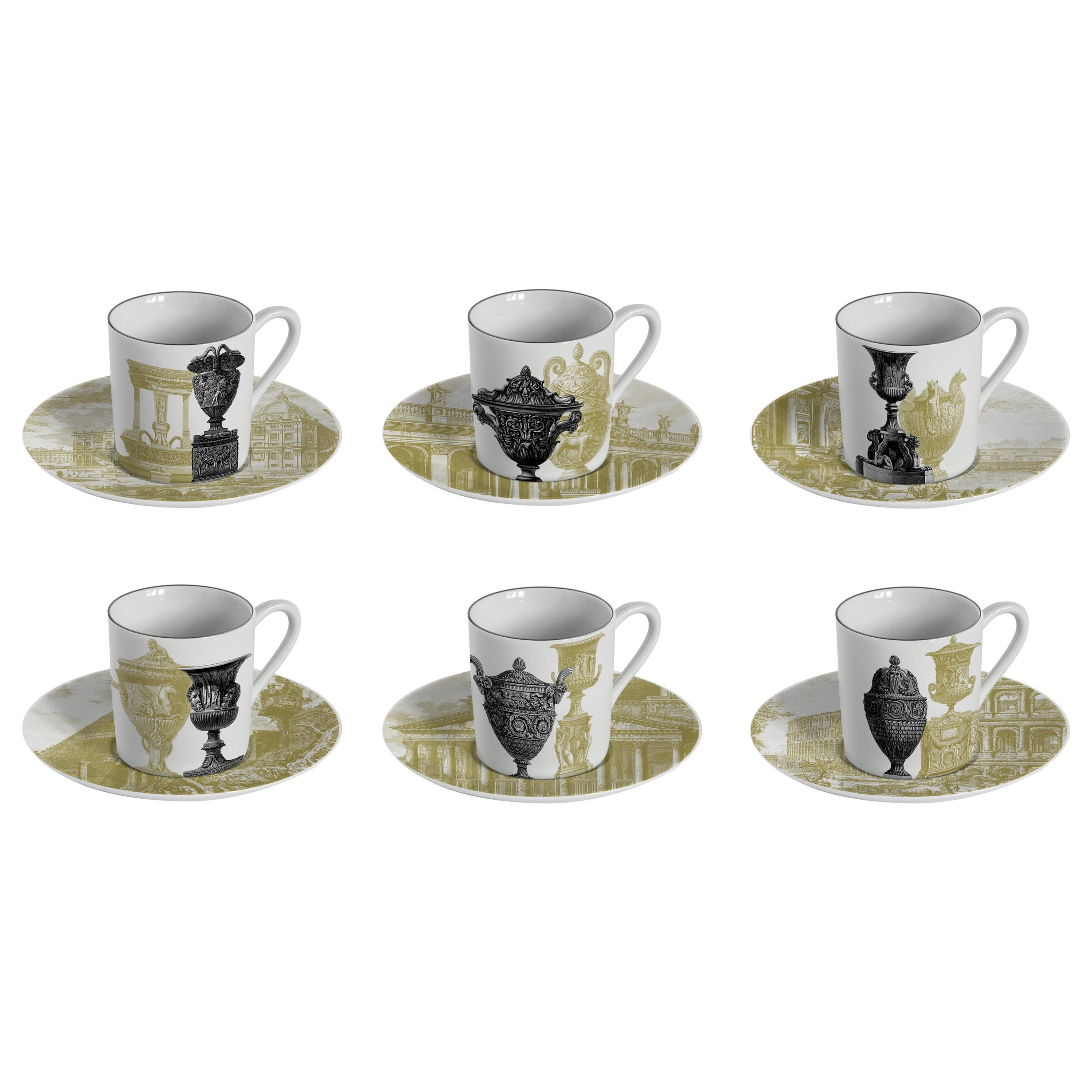 Roma, Coffee Set with Six Contemporary Porcelains with Decorative Design