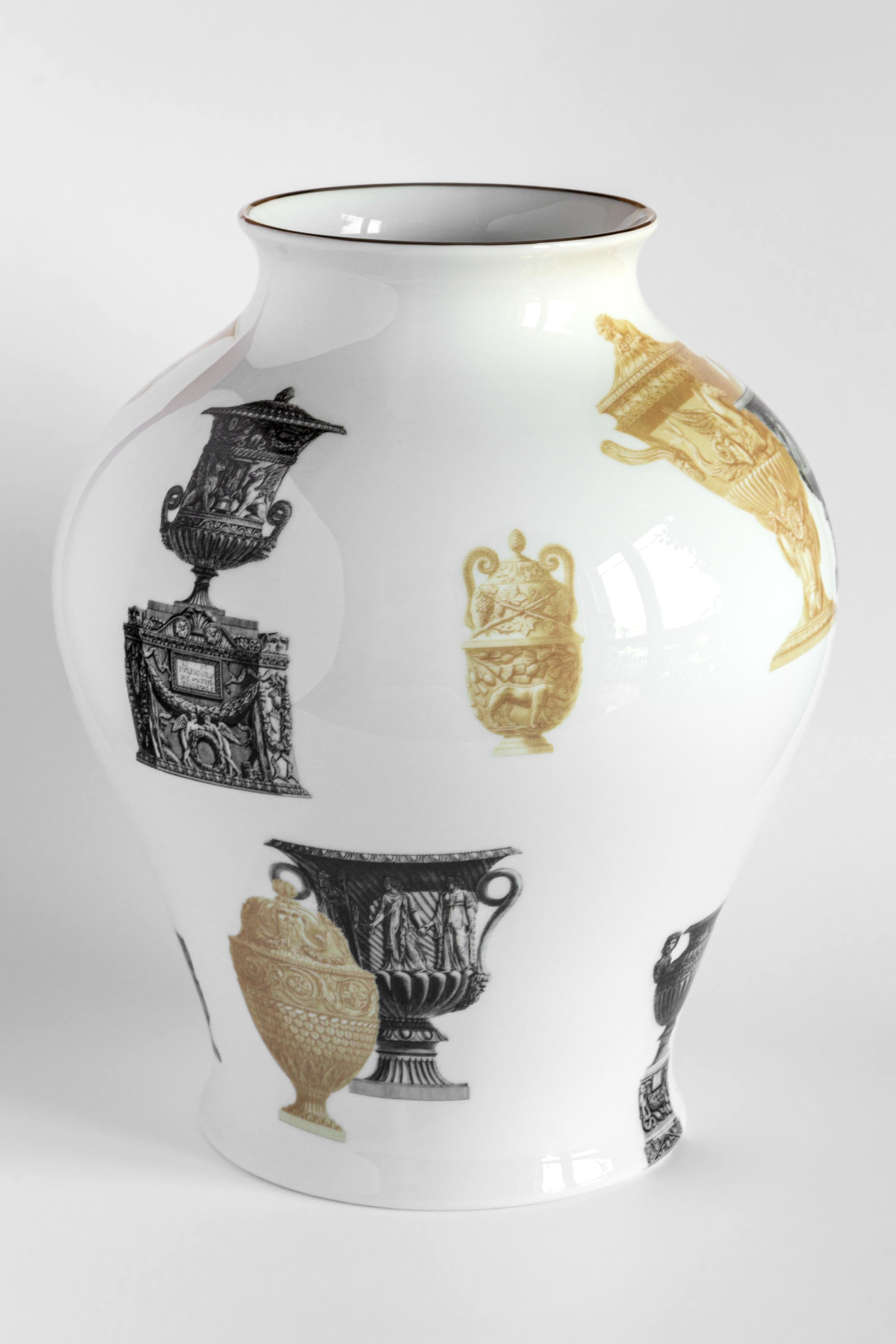 The Classic design of this porcelain vase comes back to life with retro decorations with a contemporary flavor. Handcrafted of porcelain, the piece celebrates the eternal city through a meticulous and exquisite image of multiple ornamental vases