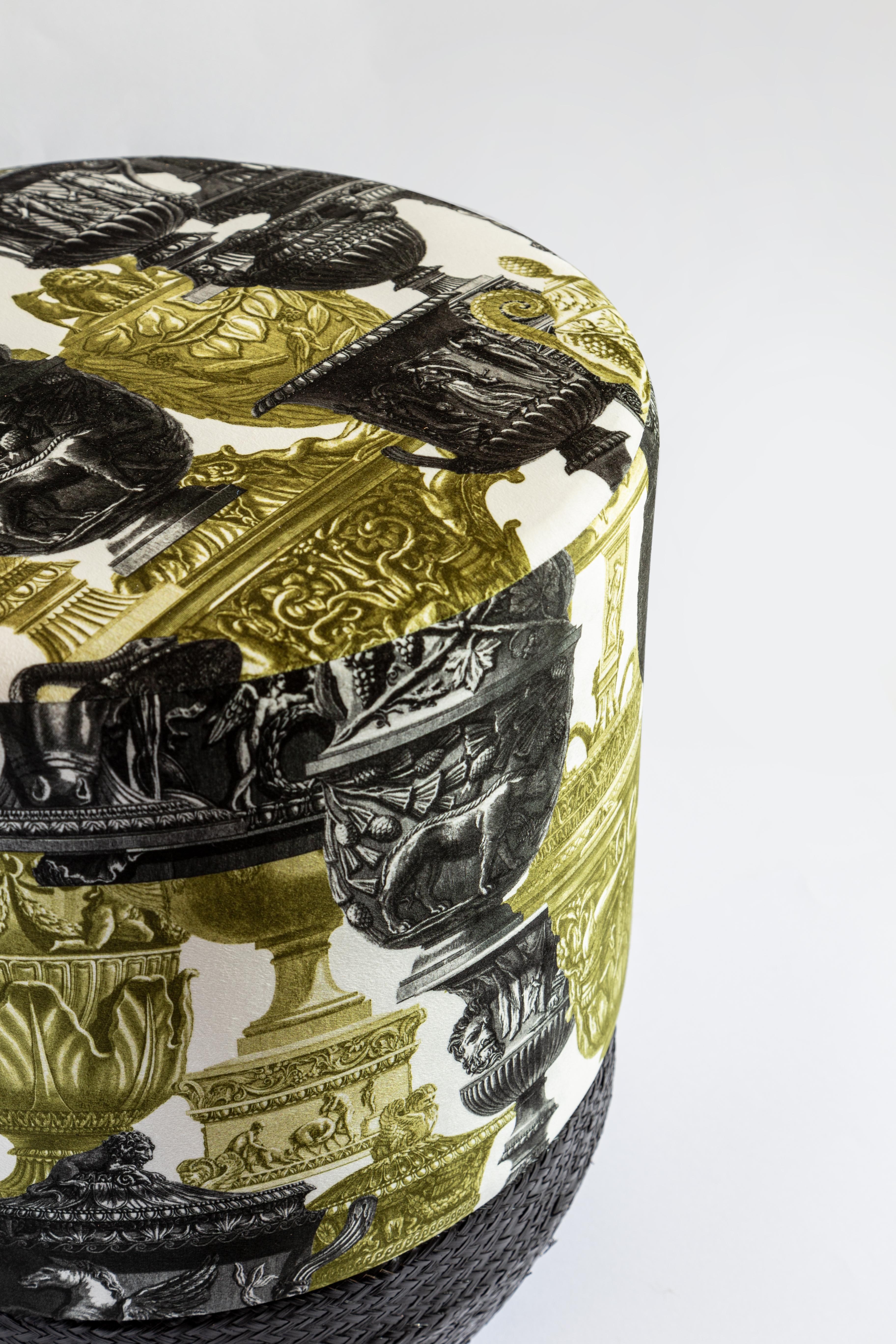 Italian Roma, Contemporary Printed Velvet and Natural Strew Pouf by Vito Nesta For Sale